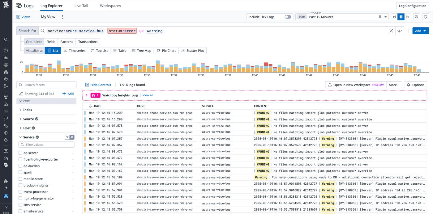You can filter your logs to surface Azure Service Bus error or warning logs. You can filter your logs to surface Azure Service Bus error or warning logs.