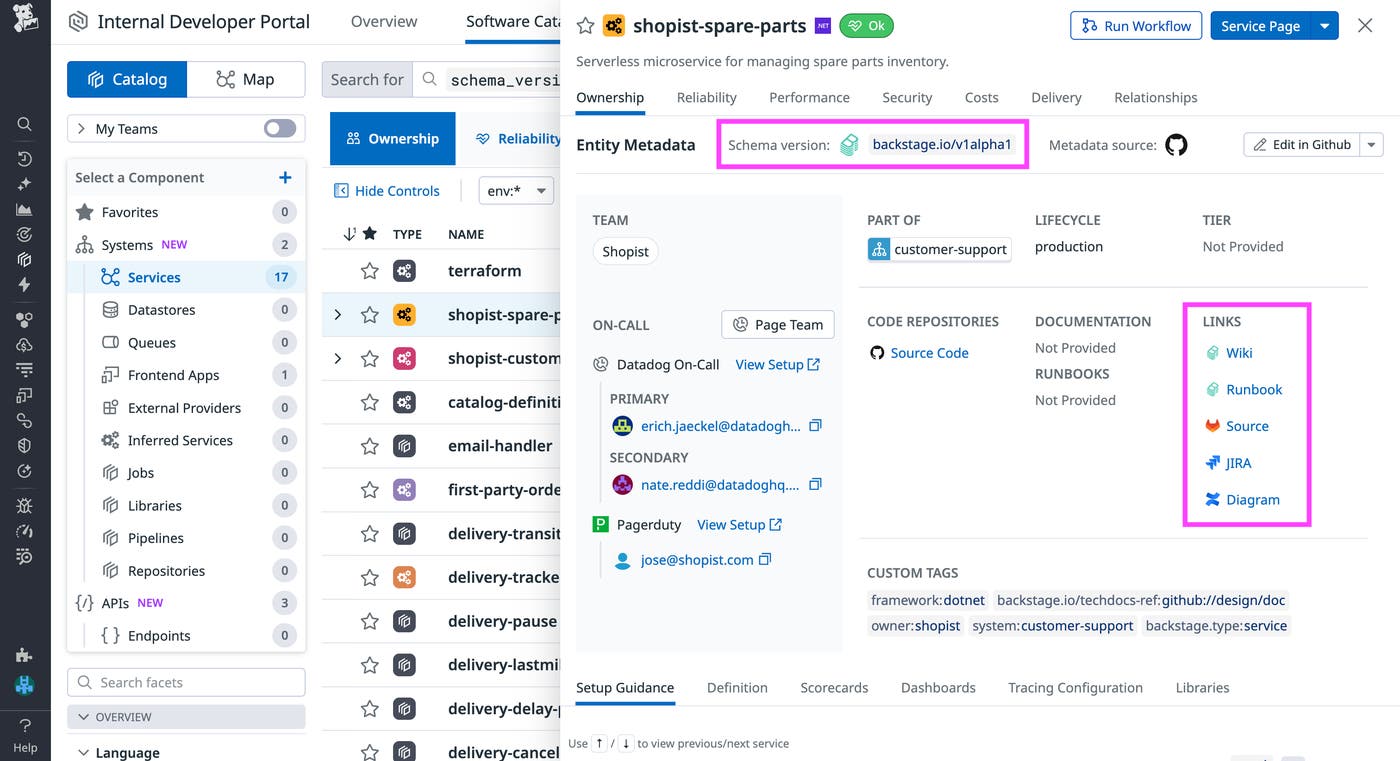 Import your Backstage services and their metadata into the Datadog Software Catalog. Import your Backstage services and their metadata into the Datadog Software Catalog.