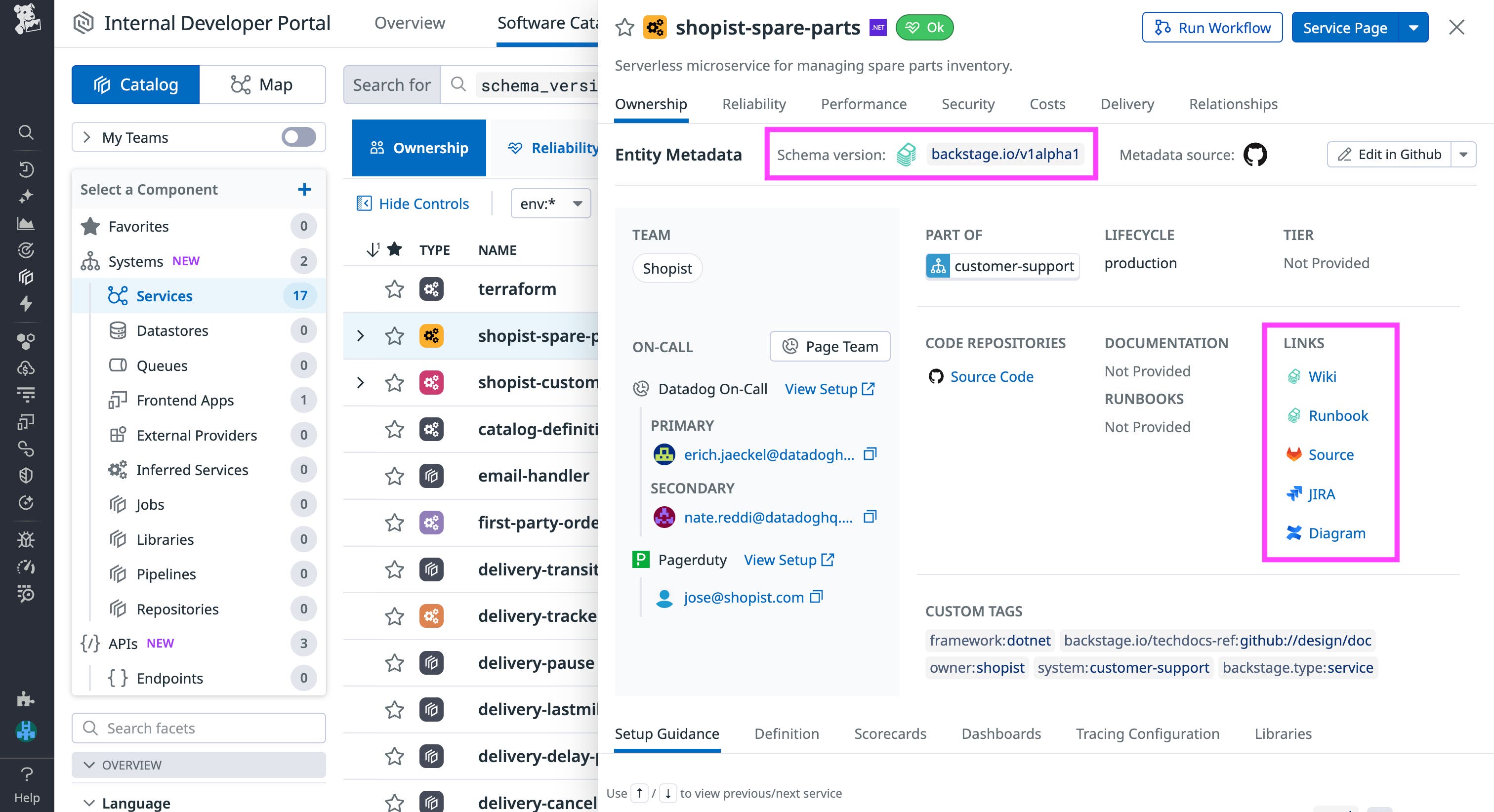 Import your Backstage services and their metadata into the Datadog Software Catalog. Import your Backstage services and their metadata into the Datadog Software Catalog.