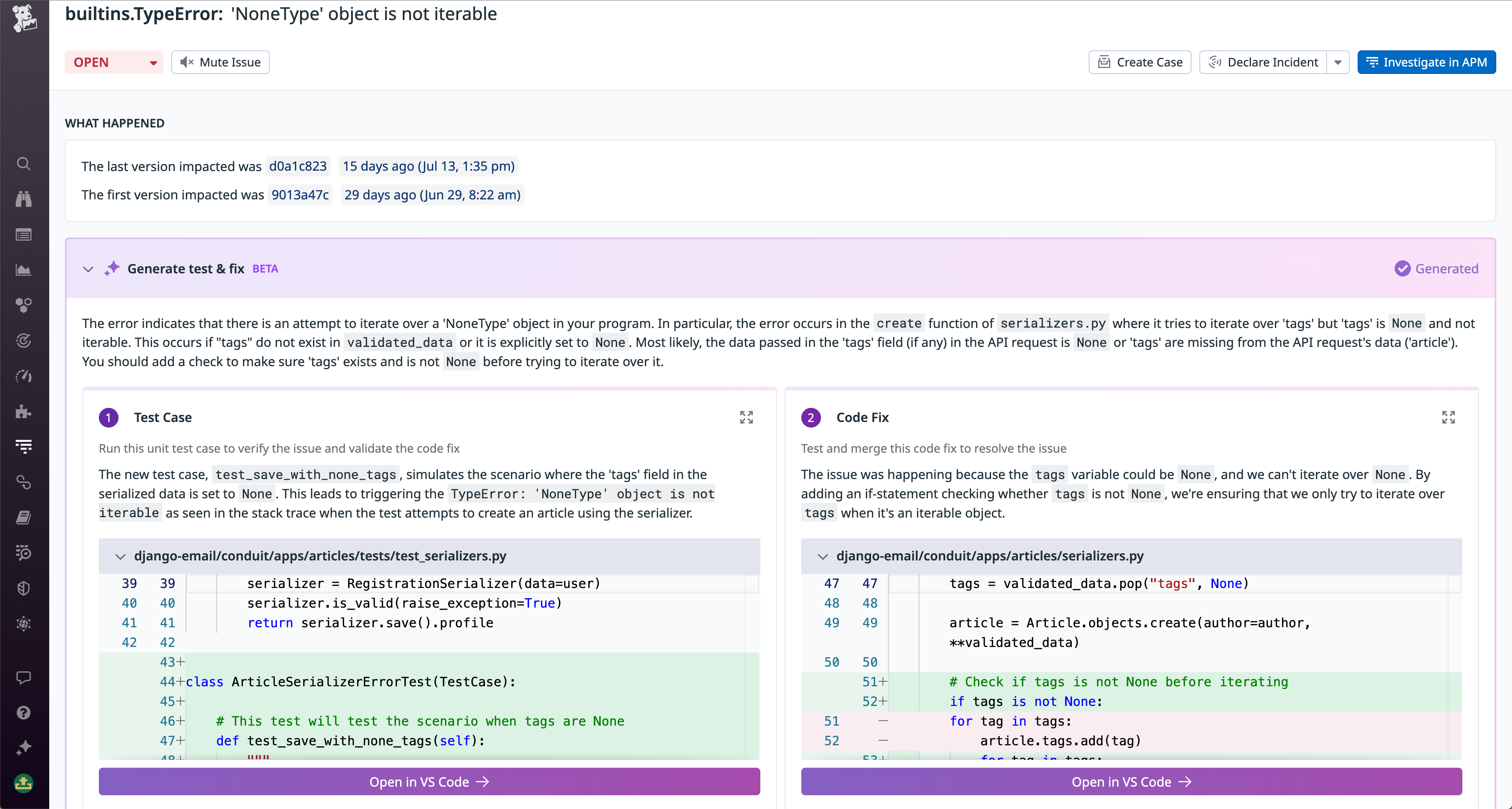 Datadog Error Tracking は、自動化されたコード修正提案を提供し、自動的にユニットテストを生成します。