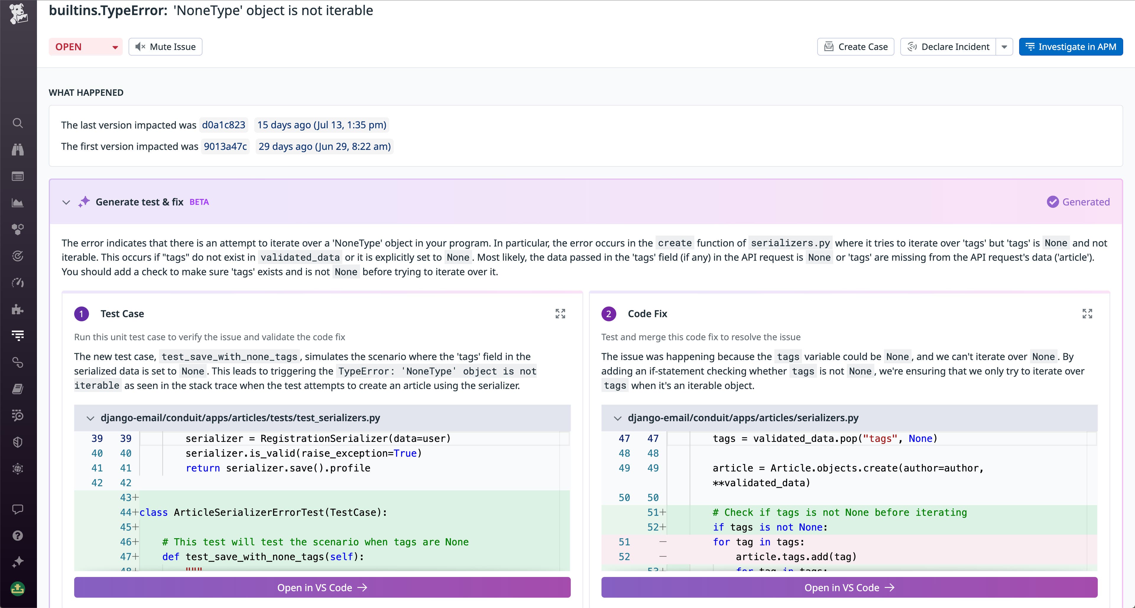 Datadog Error Tracking は、自動化されたコード修正提案を提供し、自動的にユニットテストを生成します。 Datadog Error Tracking は、自動化されたコード修正提案を提供し、自動的にユニットテストを生成します。