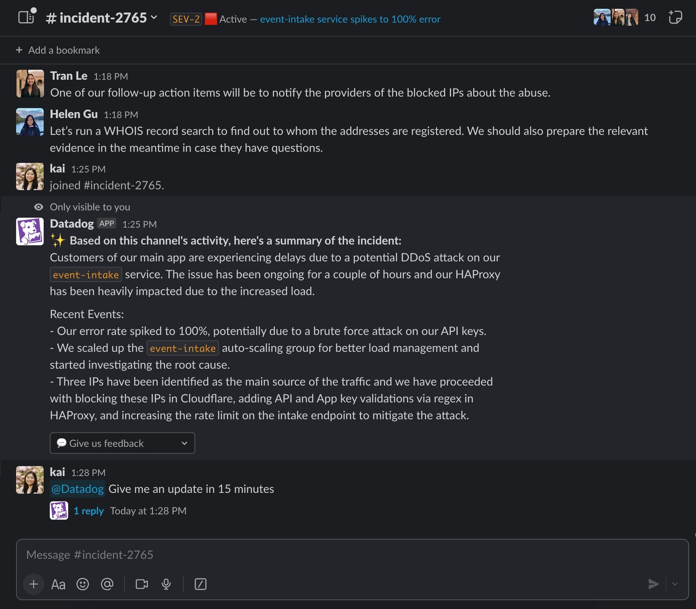 You can use Bits AI provide an incident summary to new responders jumping in an incident response. You can use Bits AI provide an incident summary to new responders jumping in an incident response.