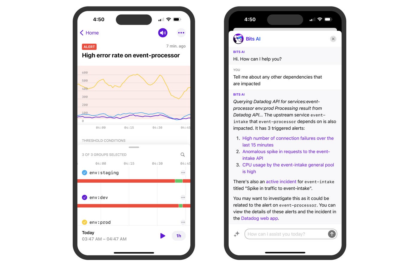 You can use Bits AI in the Datadog mobile app to investigate issues before signing on. You can use Bits AI in the Datadog mobile app to investigate issues before signing on.