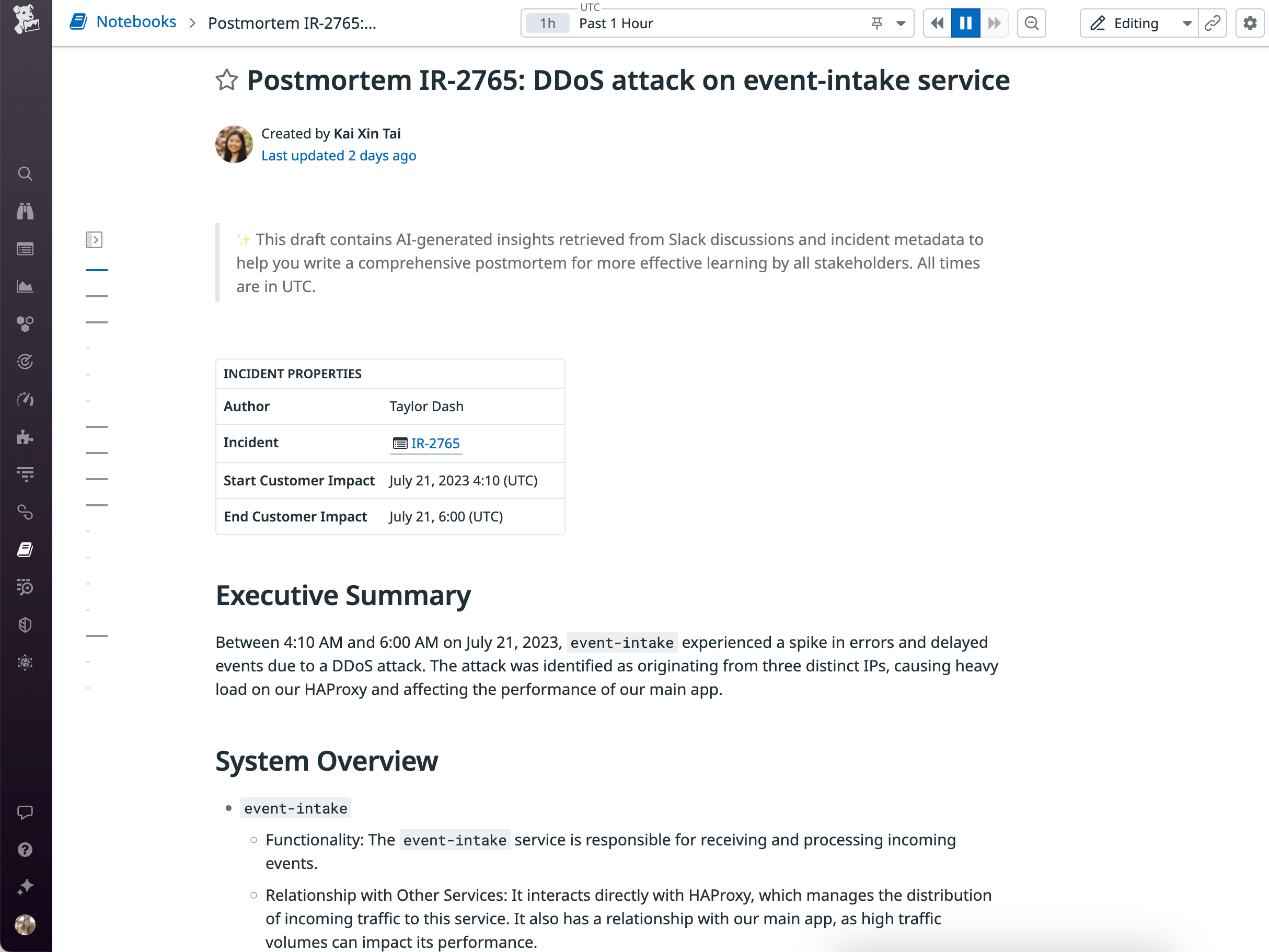 Bits AI は、自動的に事後分析のドラフトを作成することで、インシデントをまとめるサポートをします。