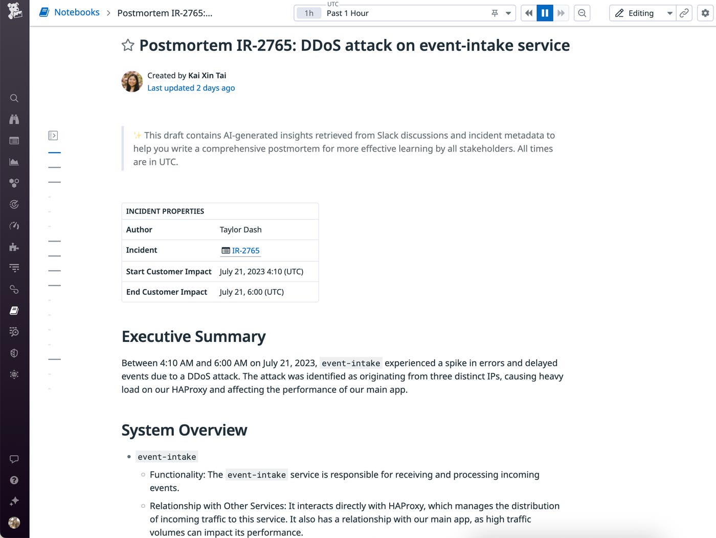 Bits AI can help you wrap an incident by drafting the postmortem for you. Bits AI can help you wrap an incident by drafting the postmortem for you.