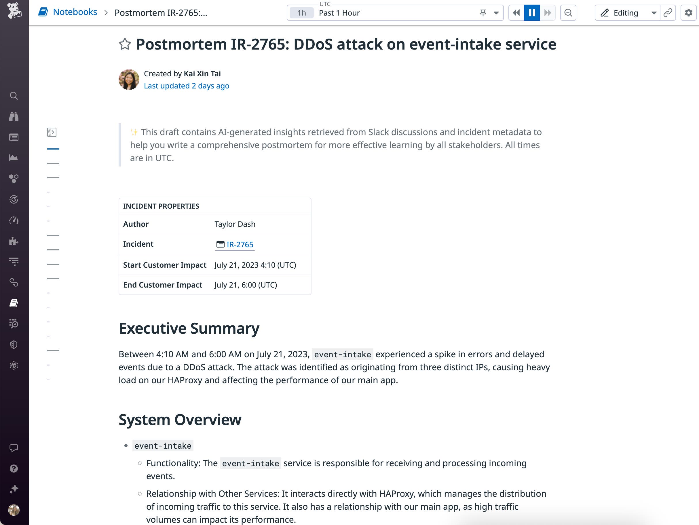 Bits AI は、自動的に事後分析のドラフトを作成することで、インシデントをまとめるサポートをします。 Bits AI は、自動的に事後分析のドラフトを作成することで、インシデントをまとめるサポートをします。