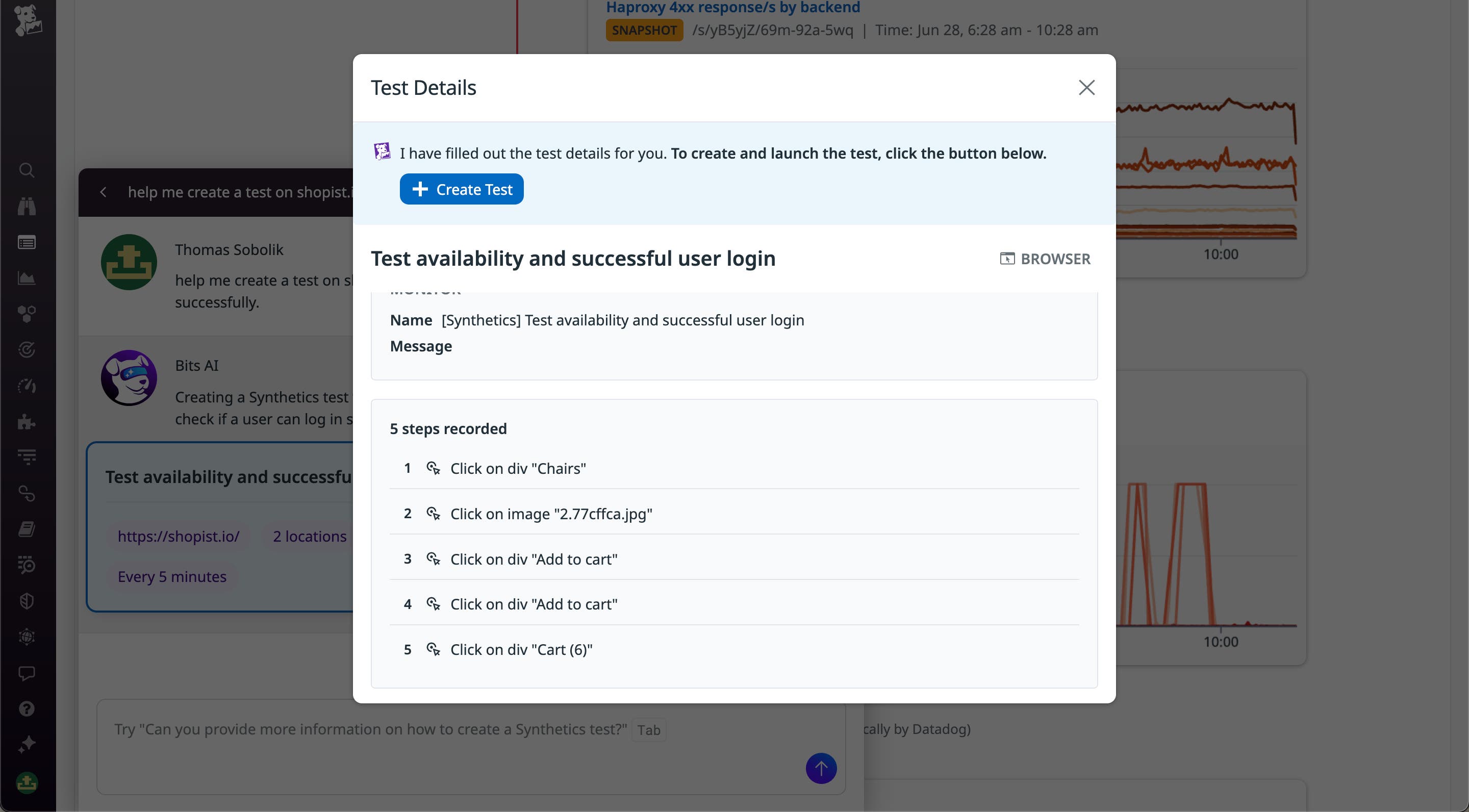 Bits AI は、プロンプトに基づいて Synthetic テストを作成することができます。 Bits AI は、プロンプトに基づいて Synthetic テストを作成することができます。