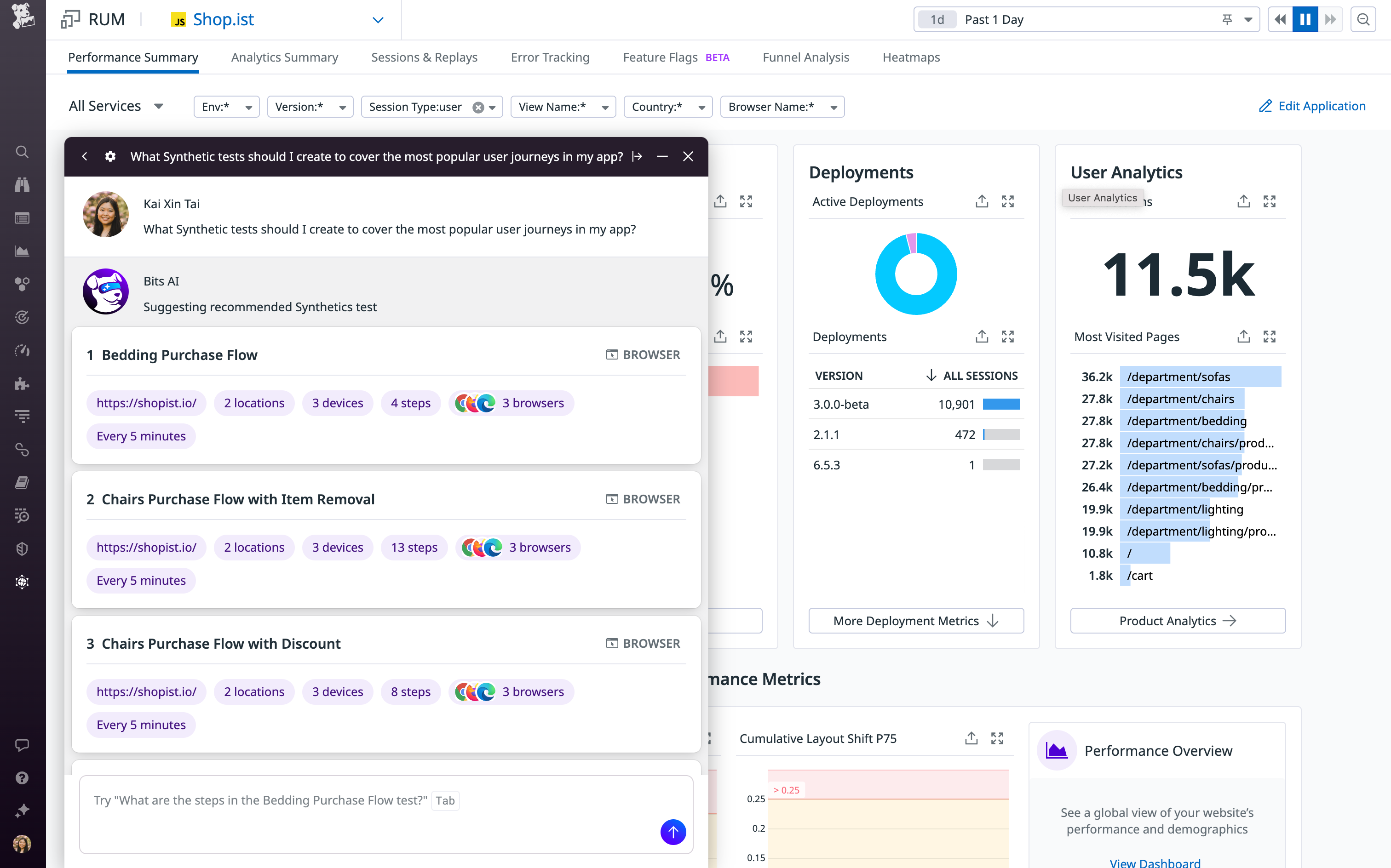Bits AI は、プロンプトに基づいて Synthetic テストを提案することができます。