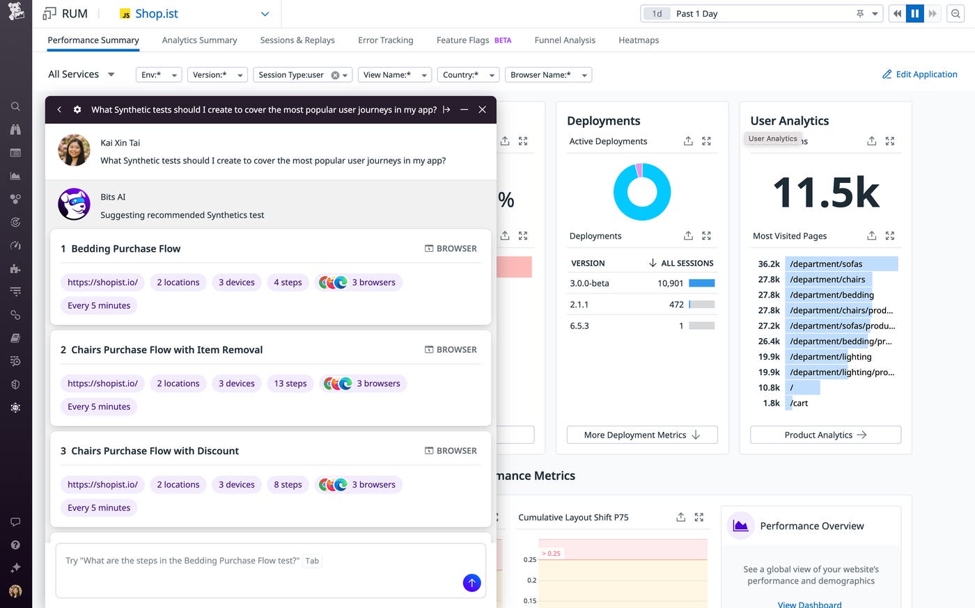 Bits AI can suggest synthetic tests for you based on your prompts. Bits AI can suggest synthetic tests for you based on your prompts.