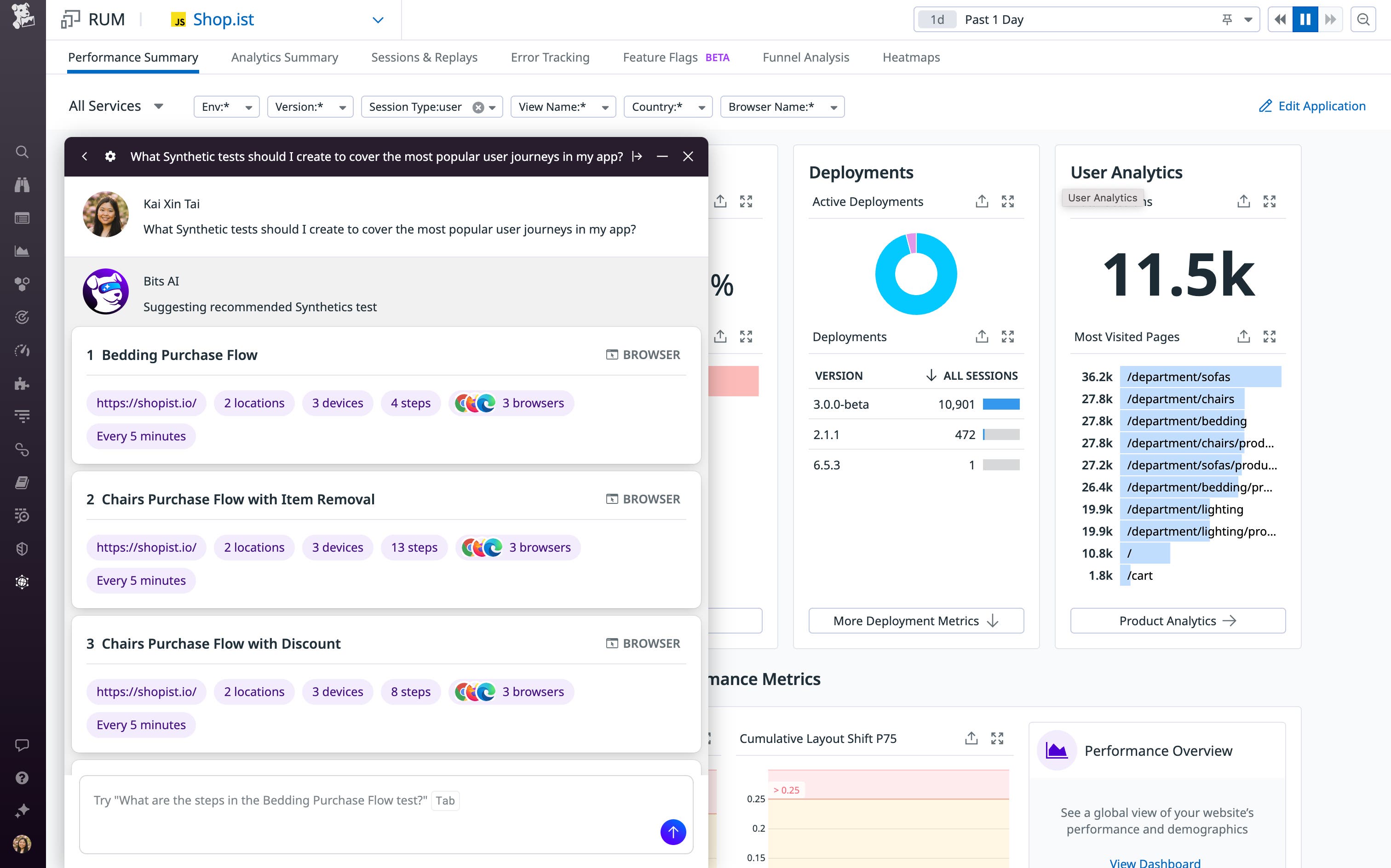 Bits AI は、プロンプトに基づいて Synthetic テストを提案することができます。 Bits AI は、プロンプトに基づいて Synthetic テストを提案することができます。