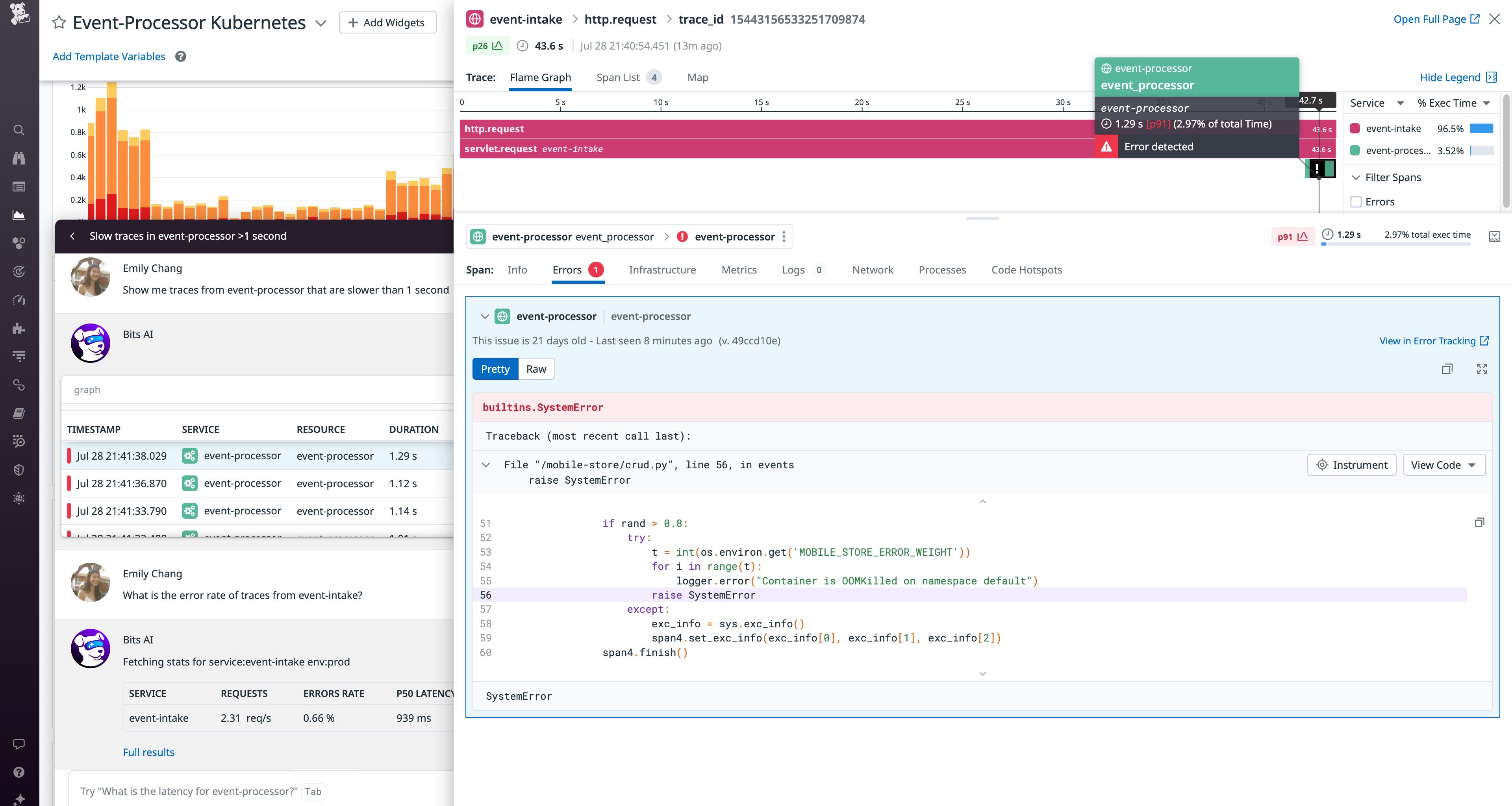 Datadog Web UI のどこからでも、Bits AI を使用して APM トレースをクエリできます。 Datadog Web UI のどこからでも、Bits AI を使用して APM トレースをクエリできます。