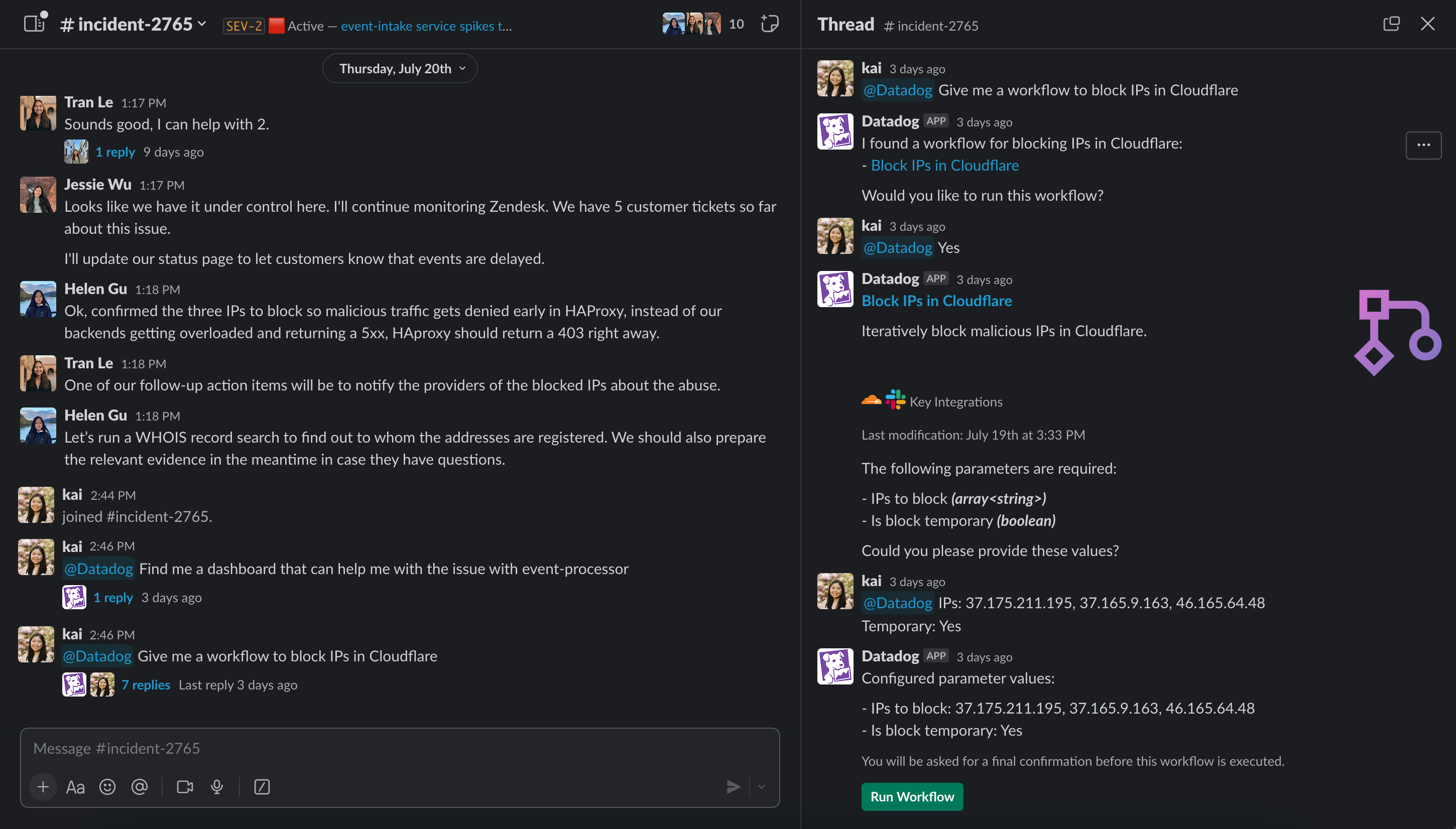 Bits AI を使用すれば、関連するワークフローをすばやく見つけてトリガーし、問題を修復することができます。