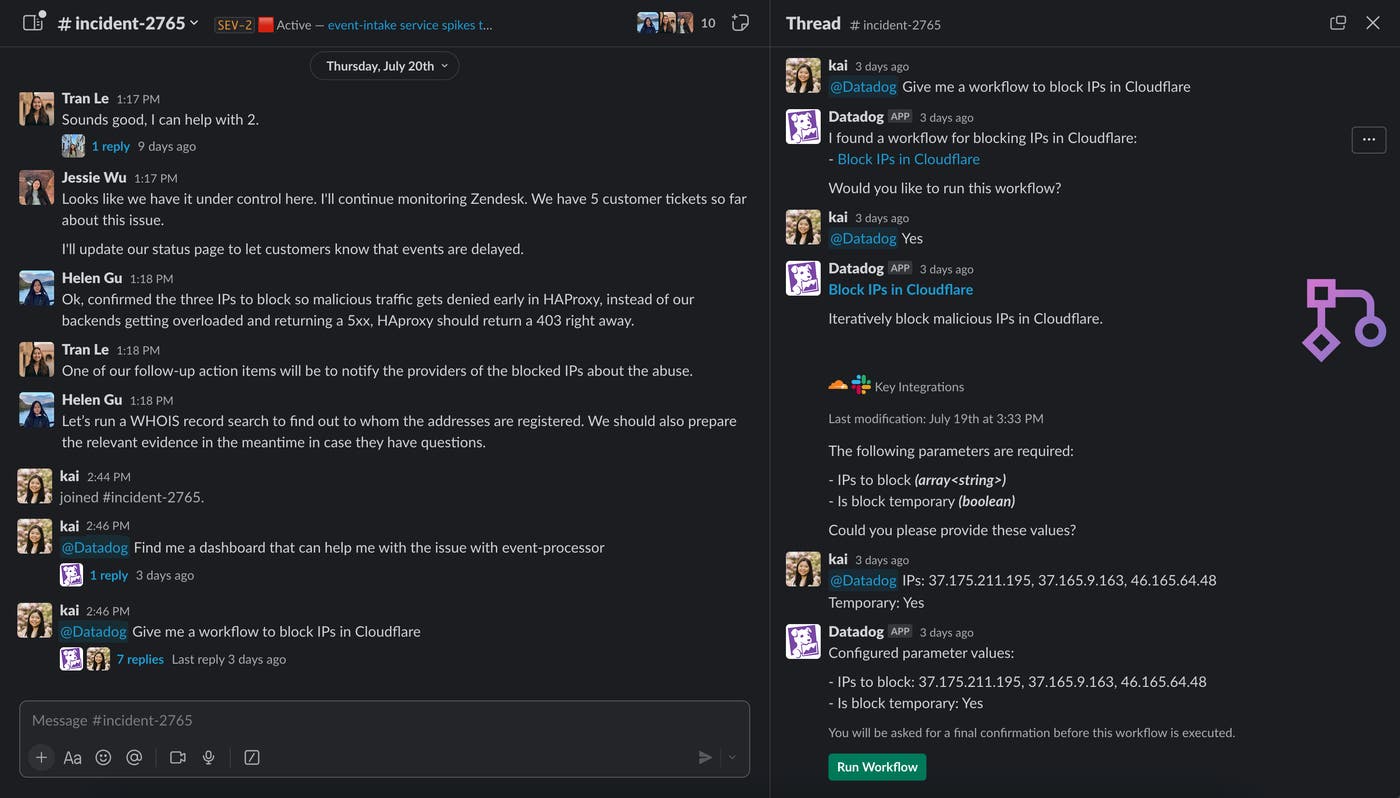 You can use Bits AI to quickly find and trigger relevant workflows to remediate issues. You can use Bits AI to quickly find and trigger relevant workflows to remediate issues.