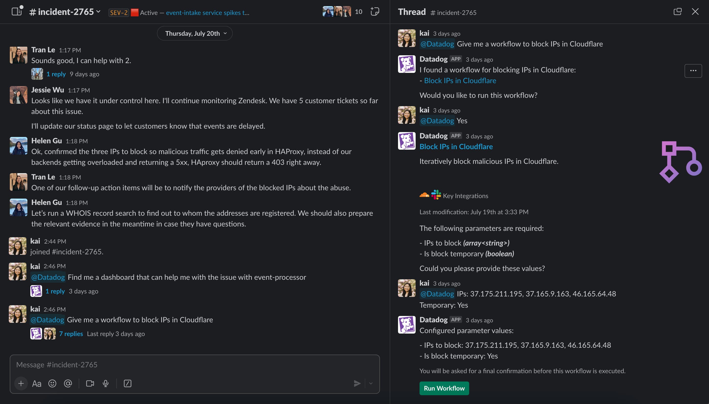 Bits AI を使用すれば、関連するワークフローをすばやく見つけてトリガーし、問題を修復することができます。 Bits AI を使用すれば、関連するワークフローをすばやく見つけてトリガーし、問題を修復することができます。