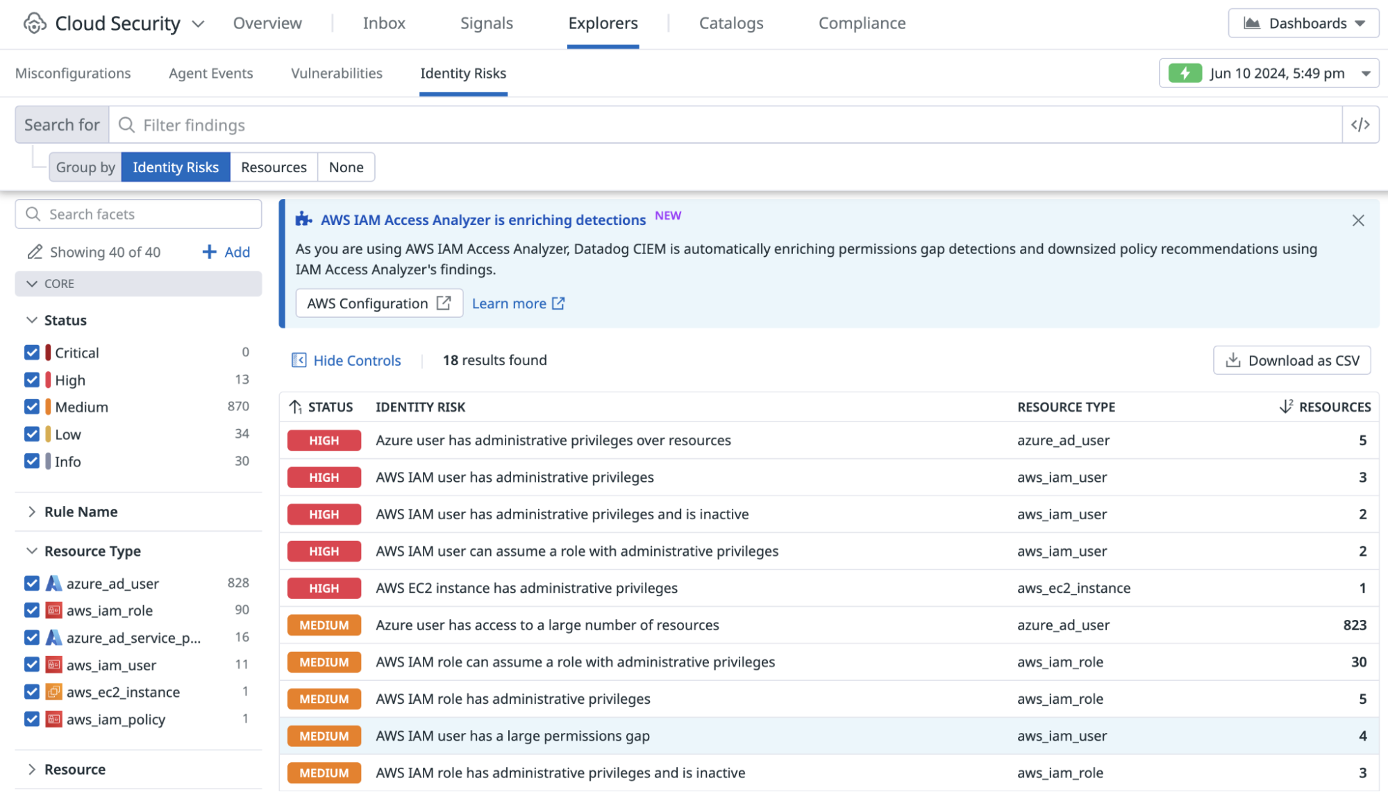 Identity Risks with AWS IAM Access Analyzer insights in Datadog Cloud Security Identity Risks