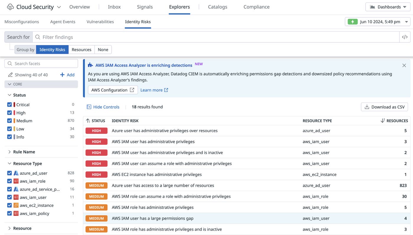 Identity Risks with AWS IAM Access Analyzer insights in Datadog Cloud Security Identity Risks Identity Risks with AWS IAM Access Analyzer insights in Datadog Cloud Security Identity Risks