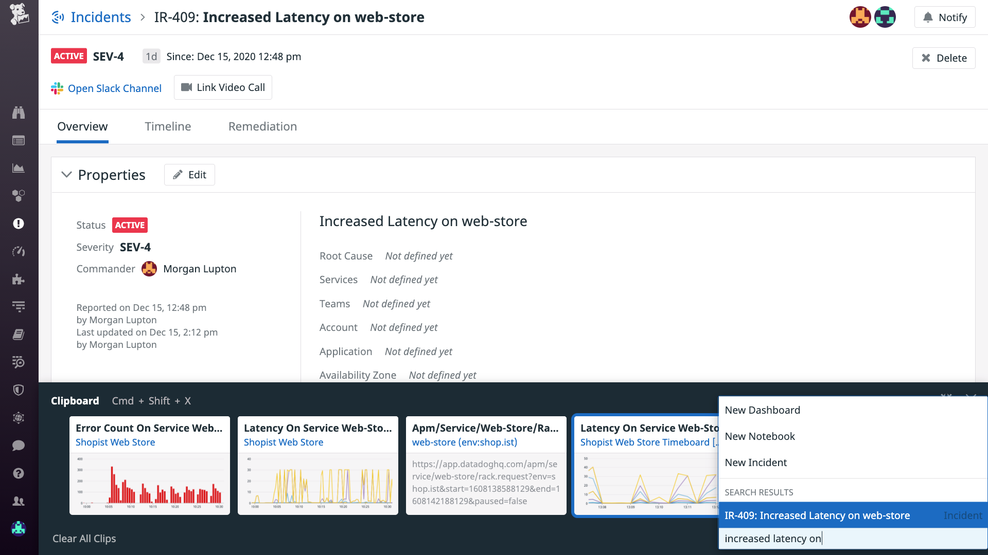 Declaring an incident from the Datadog Clipboard.