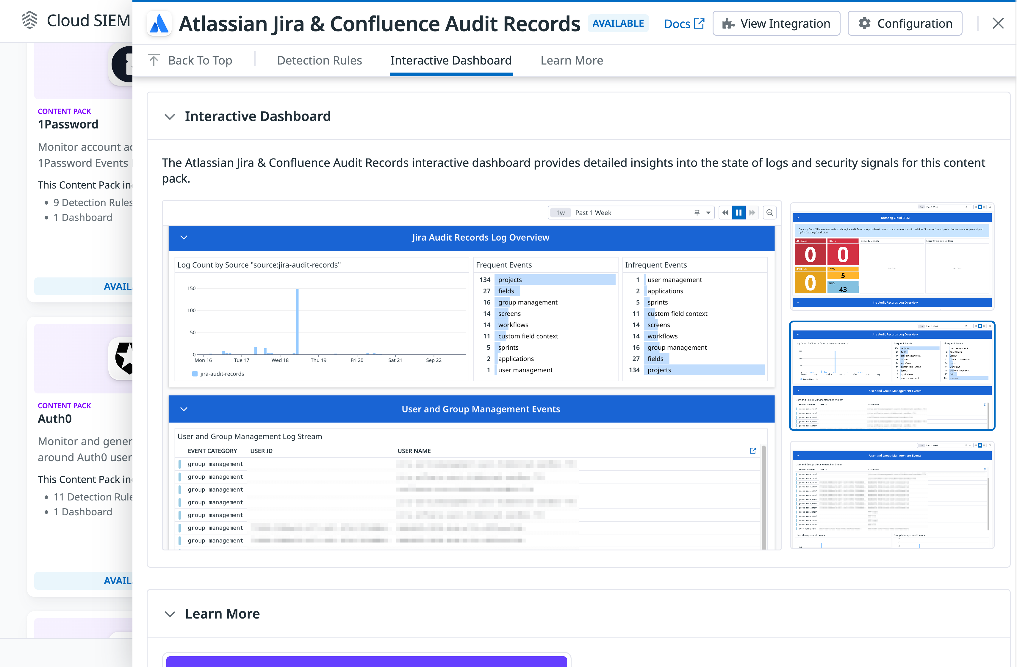 Atlassian Jira and Confluence Audit Logs Cloud SIEM Dashboard.