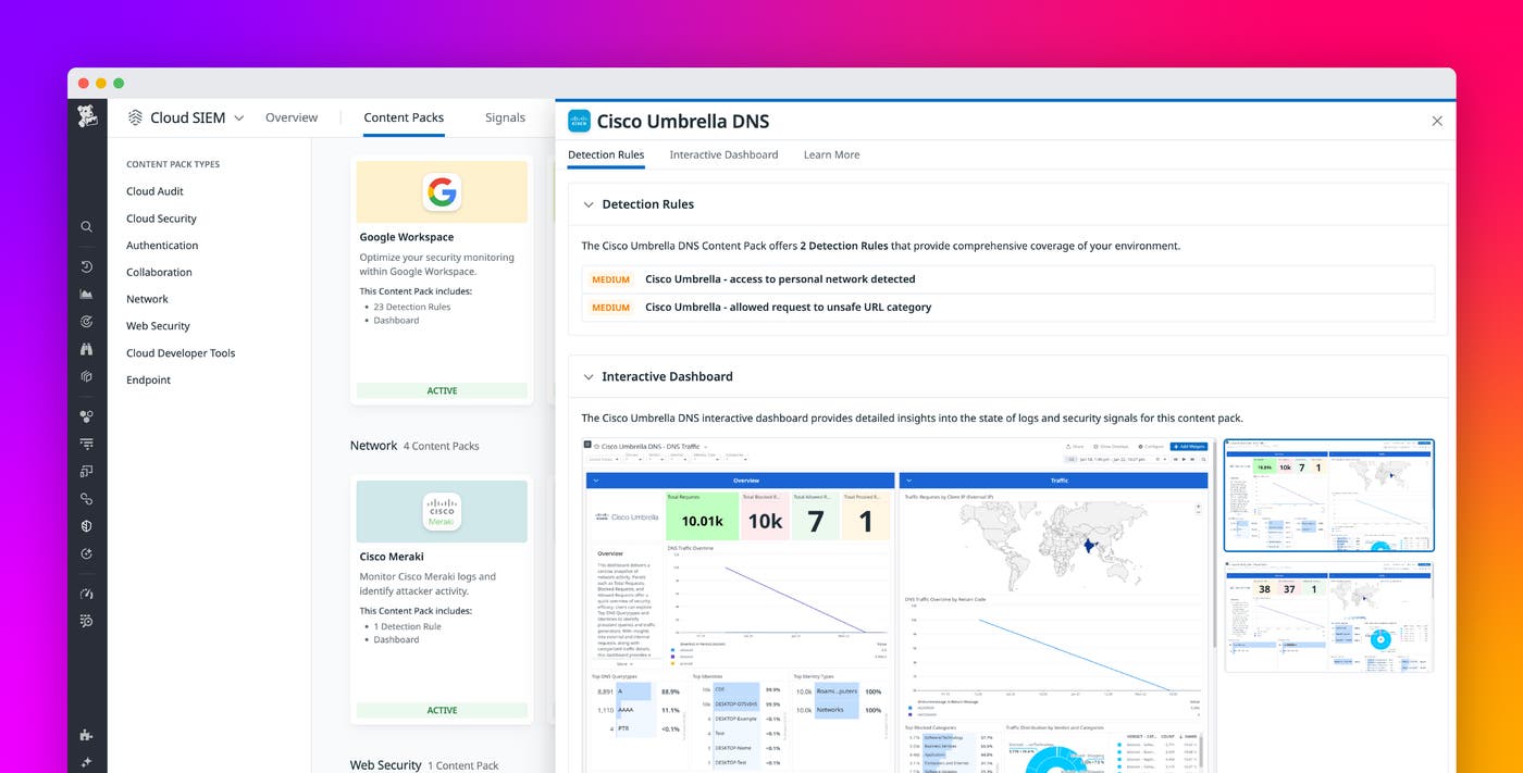 Monitor your Cisco Umbrella network logs with Datadog Cloud SIEM Monitor your Cisco Umbrella network logs with Datadog Cloud SIEM