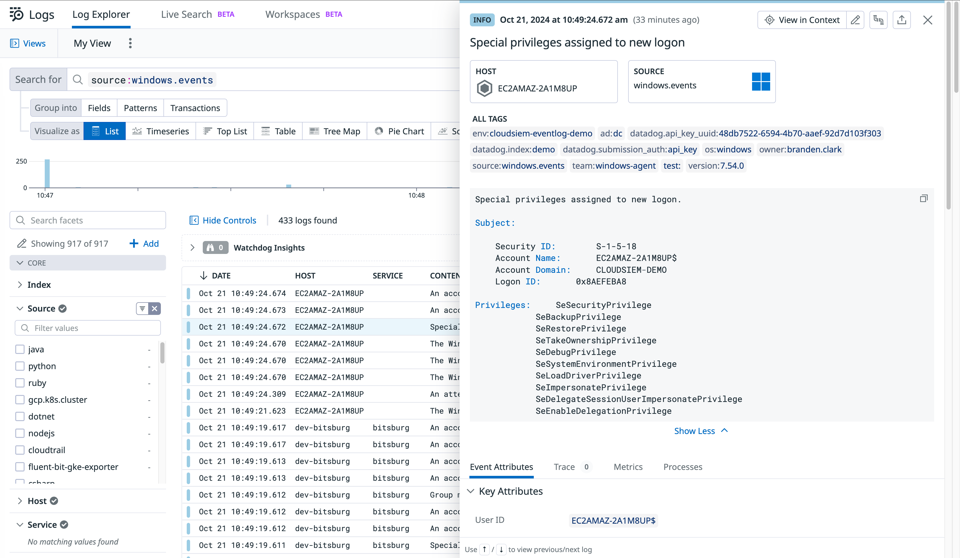 Datadog Log Management processes, parses, and enriches your Windows event logs