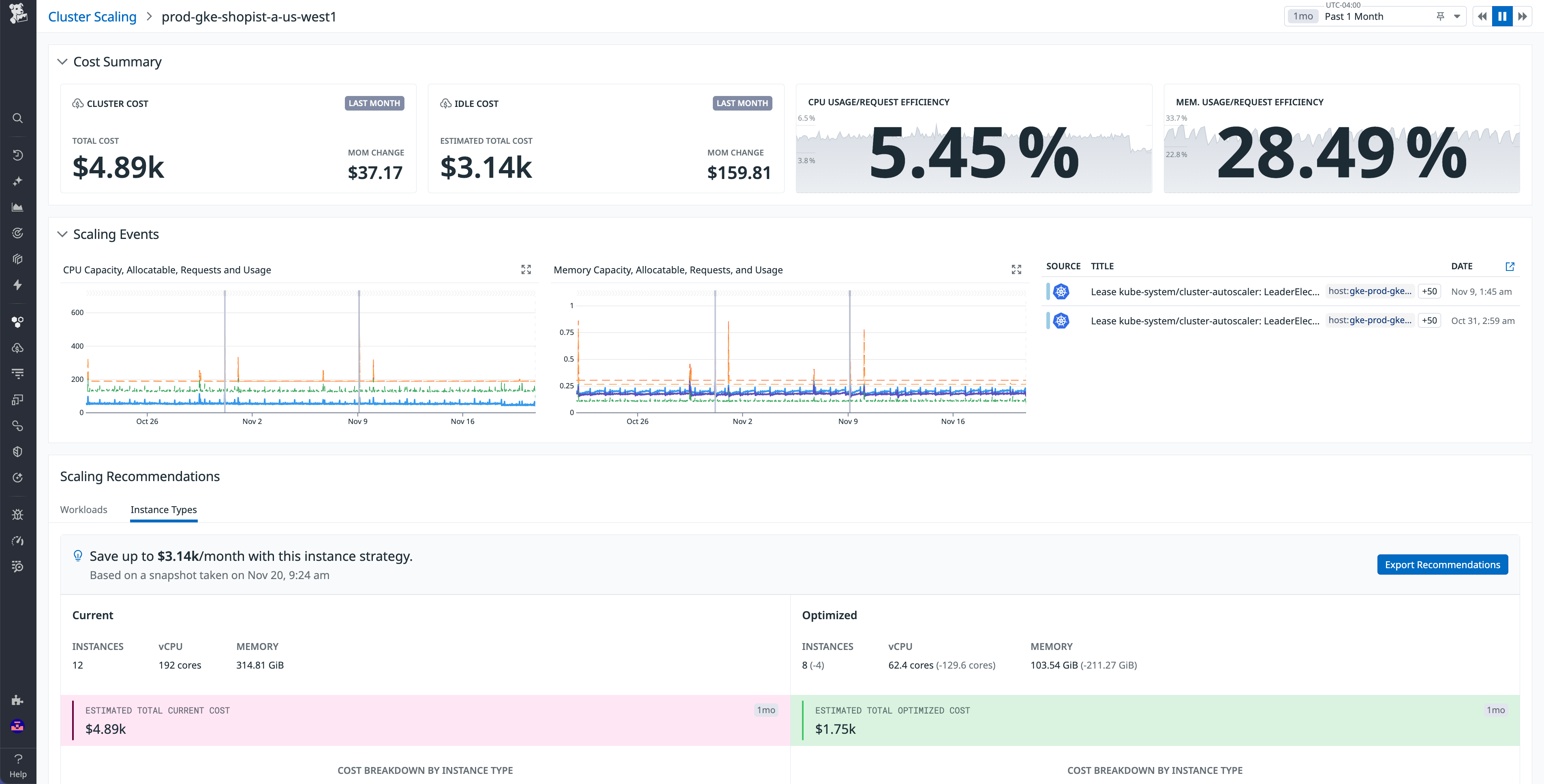 View current Kubernetes node costs alongside simulated optimized node configurations to see potential savings and affected workloads.