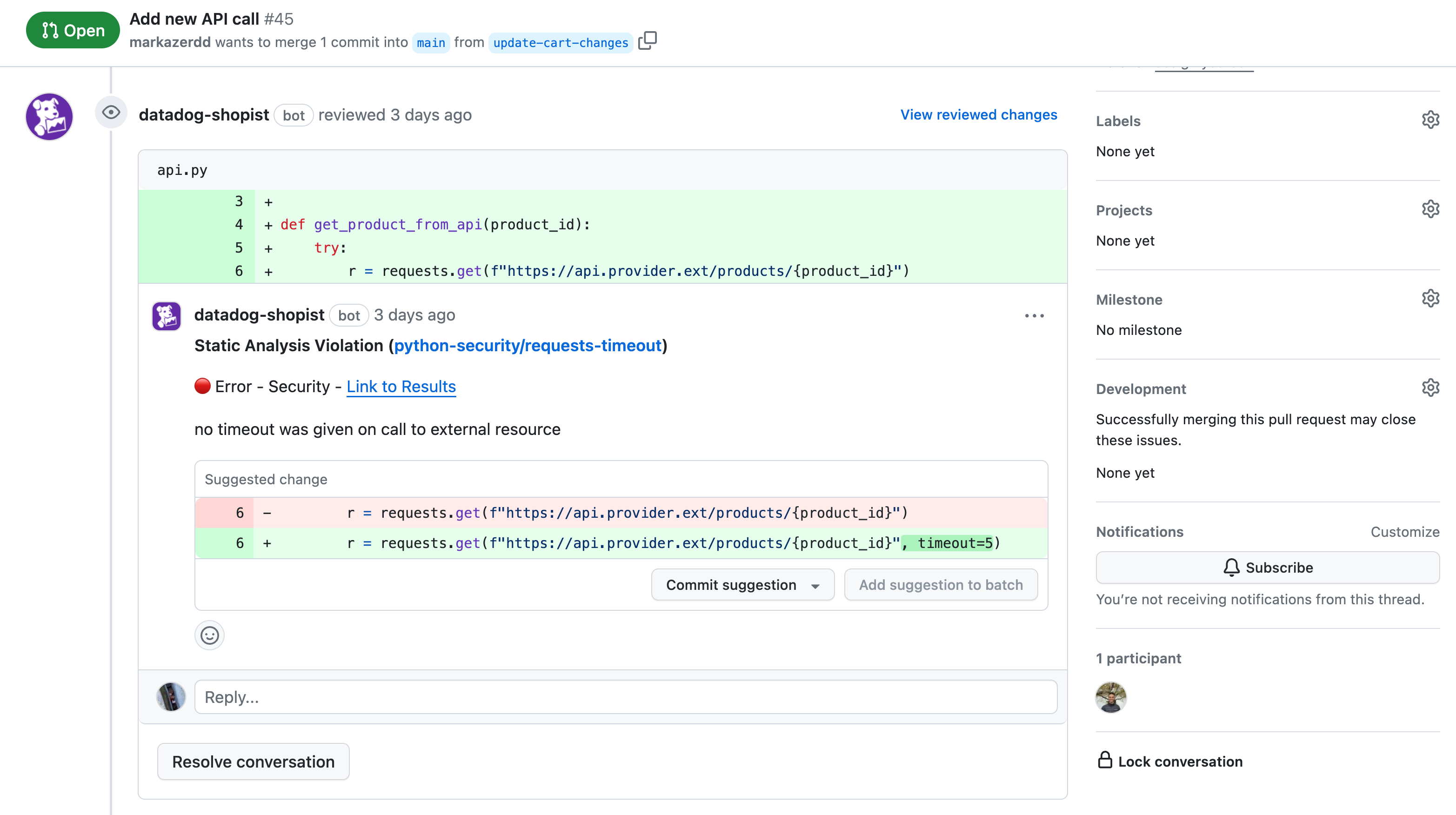 Flag code violations in your pull request with Datadog's GitHub integration.