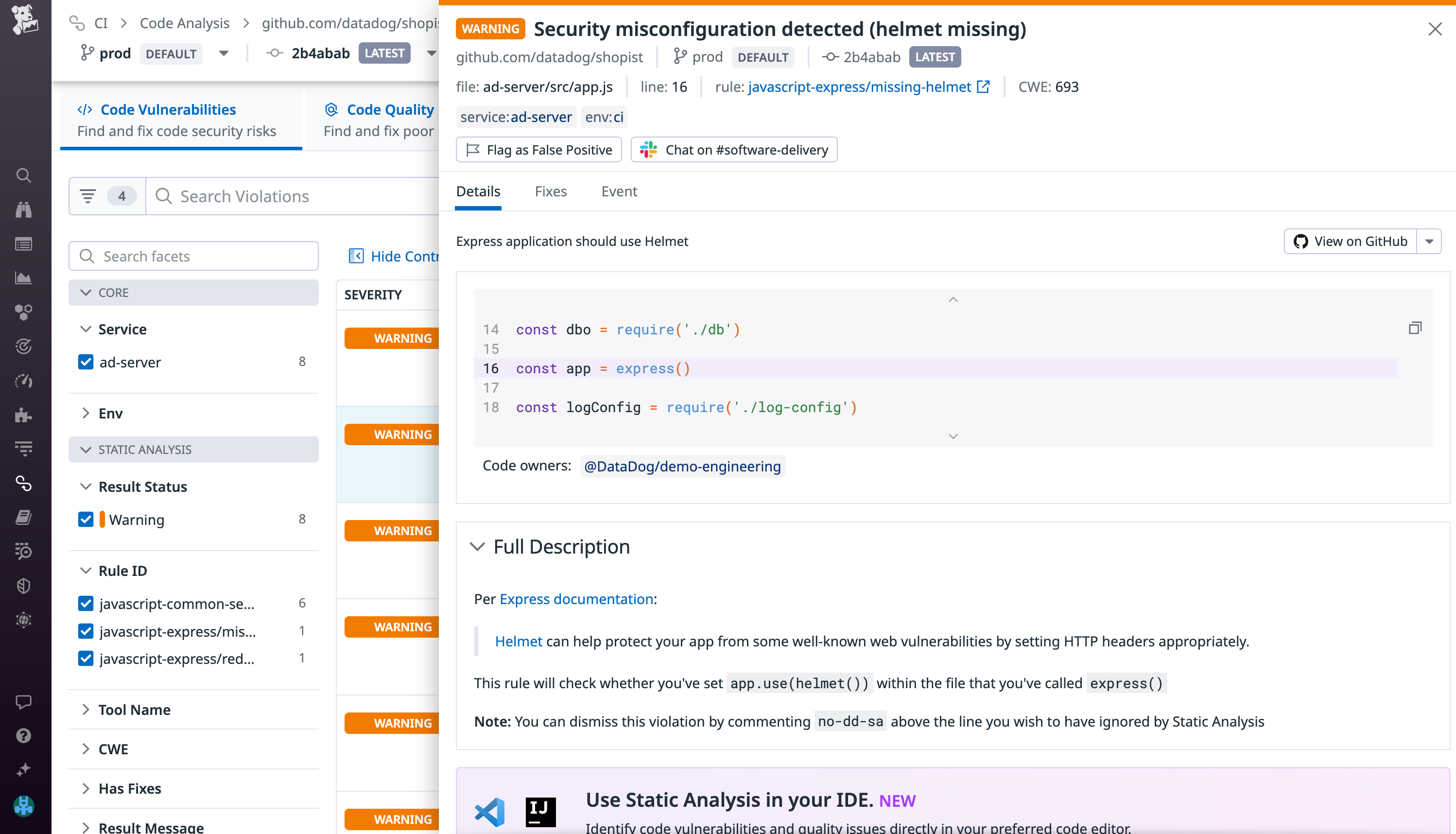 View and triage existing code violations in Datadog Code Analysis.