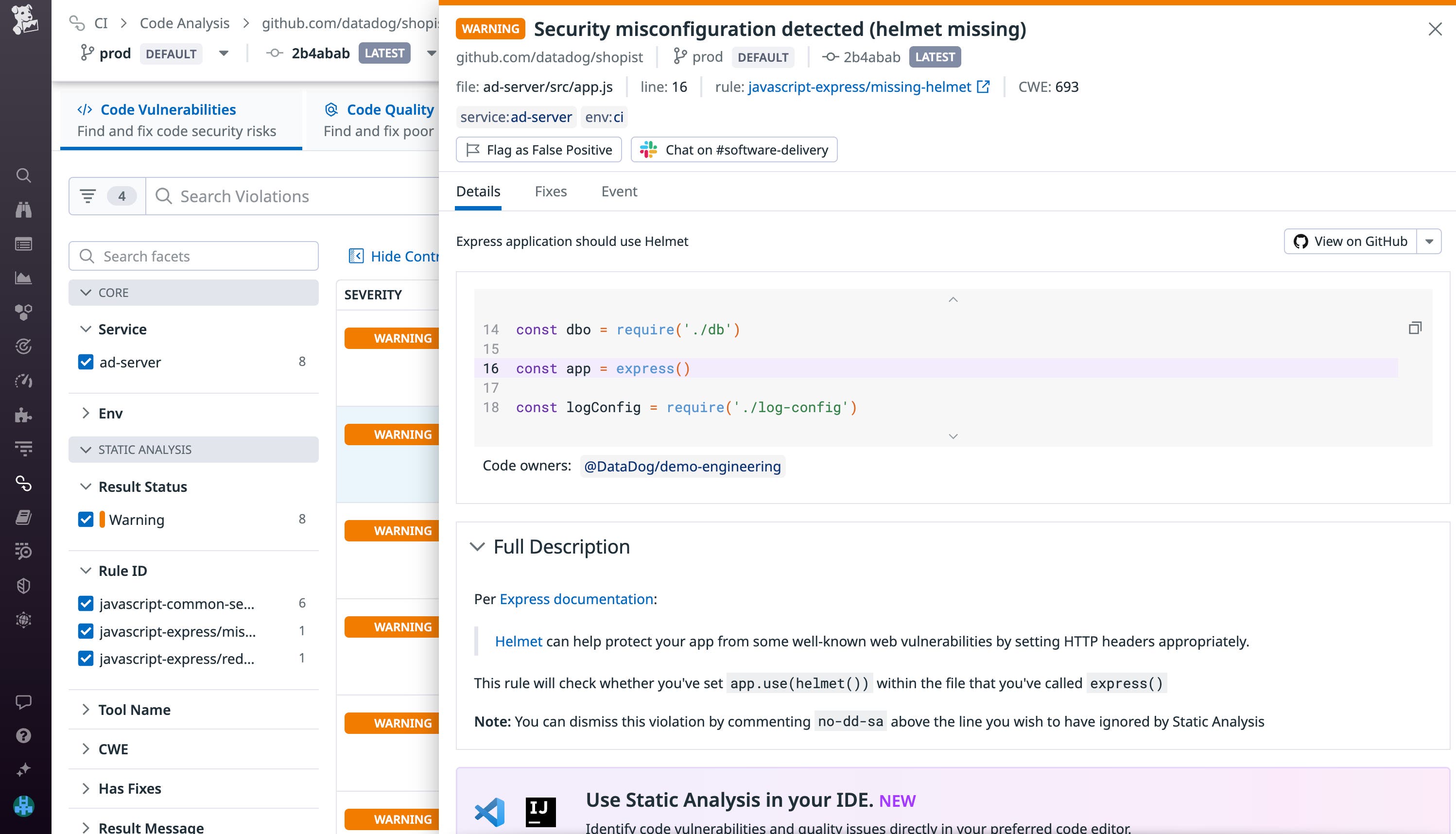 View and triage existing code violations in Datadog Code Analysis. View and triage existing code violations in Datadog Code Analysis.