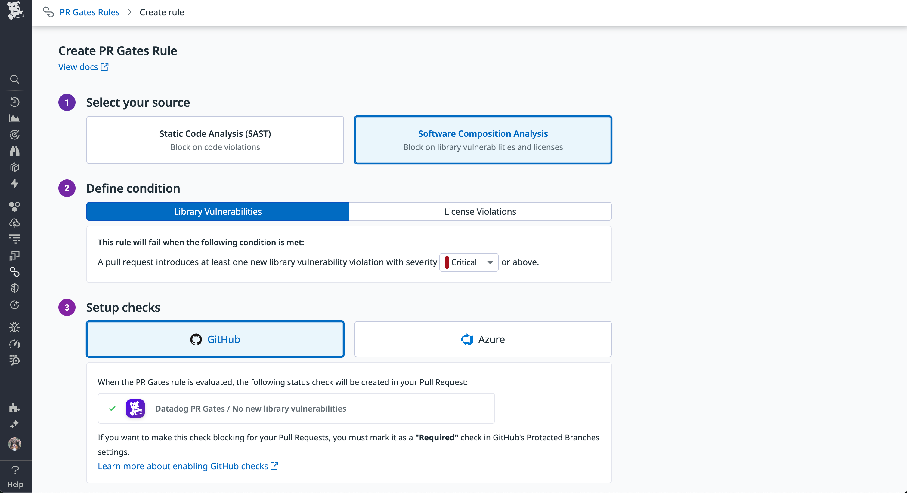 New PR gate shows configuration for blocking deployments with library vulnerabilities.