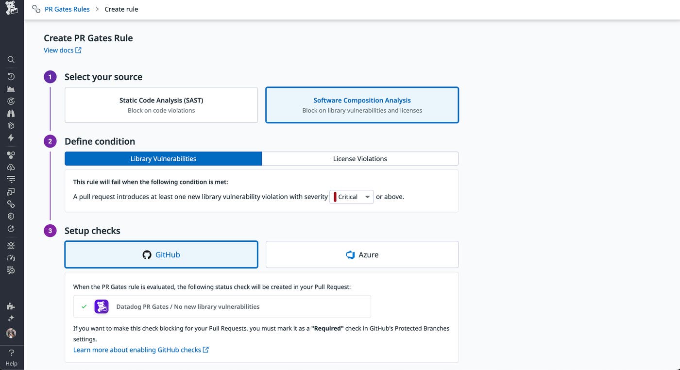 New PR gate shows configuration for blocking deployments with library vulnerabilities. New PR gate shows configuration for blocking deployments with library vulnerabilities.