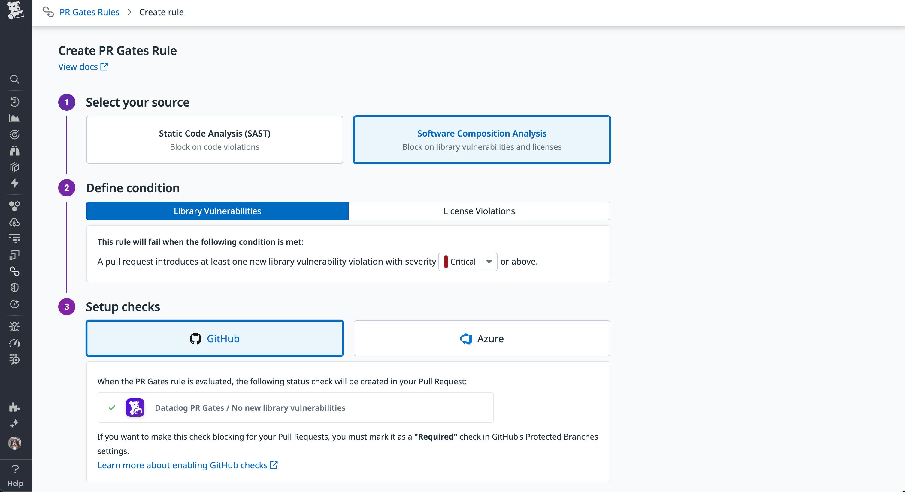New PR gate shows configuration for blocking deployments with library vulnerabilities. New PR gate shows configuration for blocking deployments with library vulnerabilities.