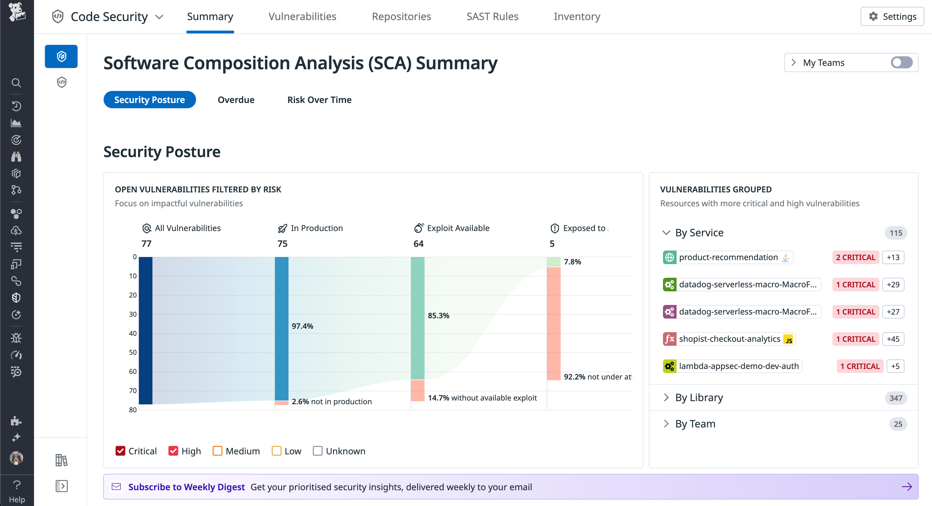 Datadog Code Security shows open library vulnerabilities, filtered by risk.