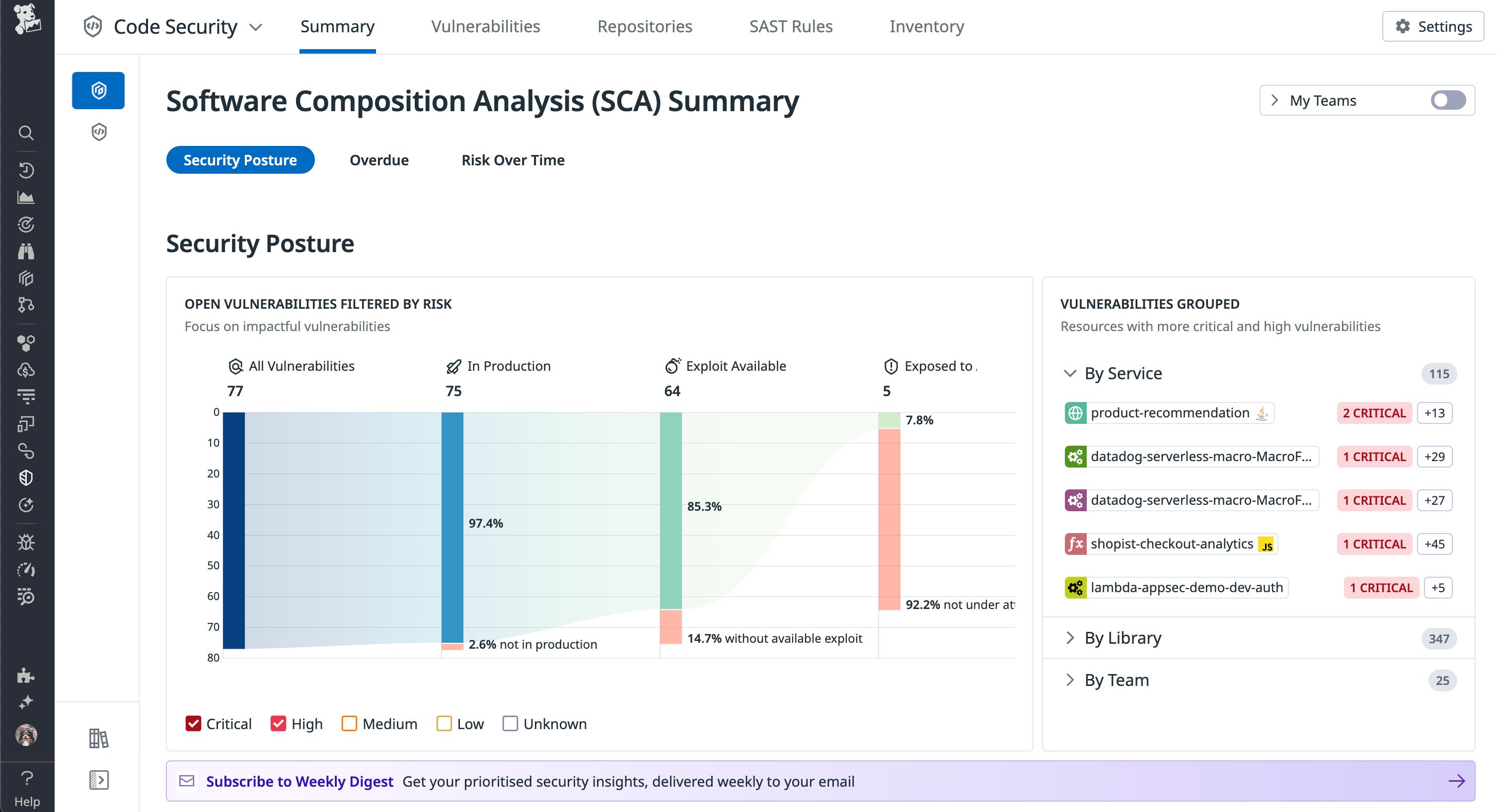 Datadog Code Security shows open library vulnerabilities, filtered by risk. Datadog Code Security shows open library vulnerabilities, filtered by risk.