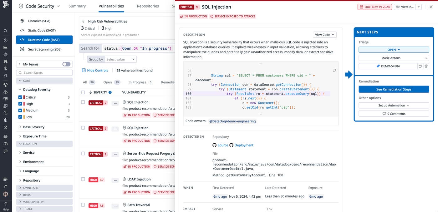 Datadog Code Security highlights a high-risk SQL injection in production, complete with stack trace and resolution guidance. Datadog Code Security highlights a high-risk SQL injection in production, complete with stack trace and resolution guidance.