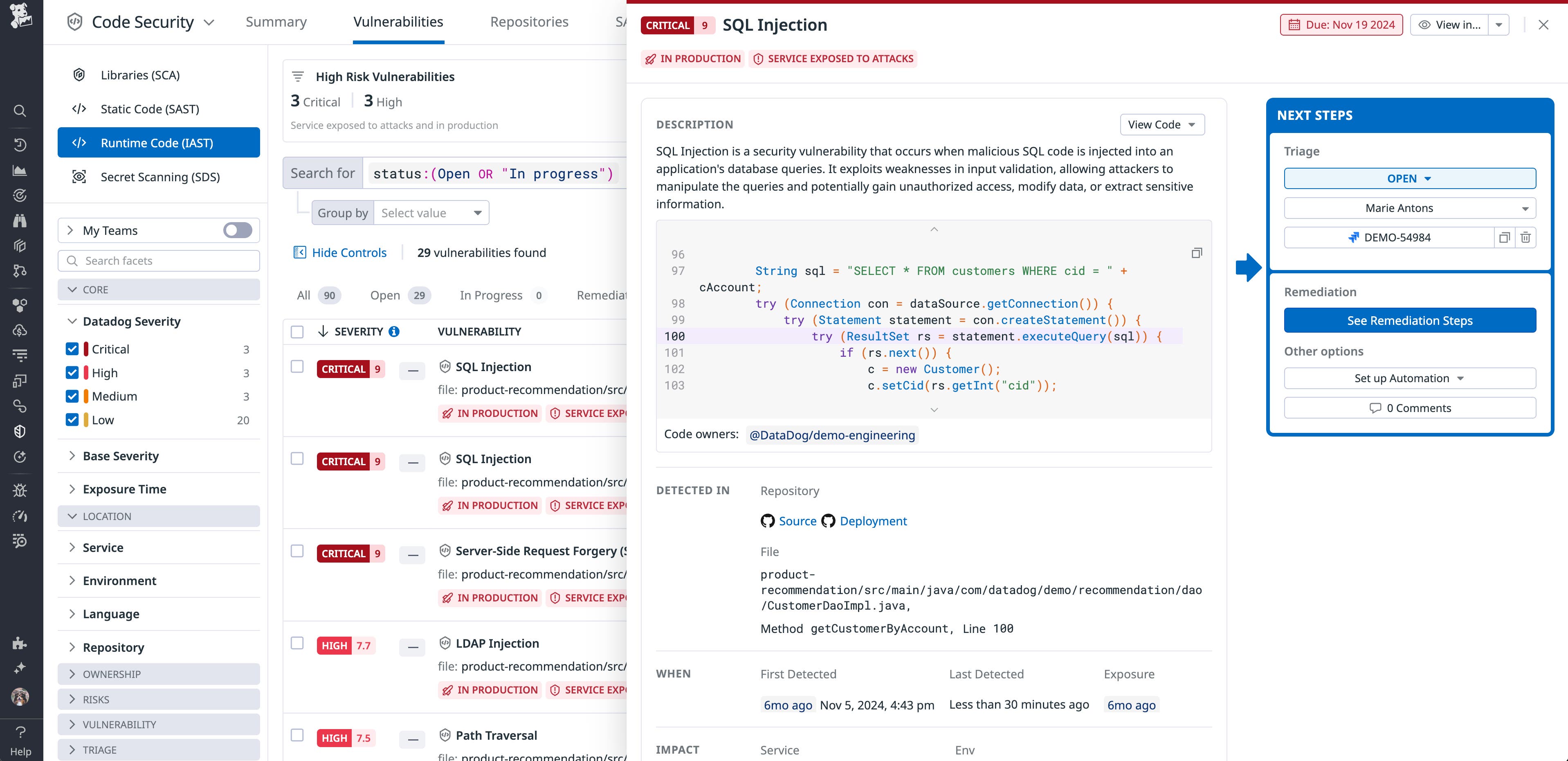 Datadog Code Security highlights a high-risk SQL injection in production, complete with stack trace and resolution guidance. Datadog Code Security highlights a high-risk SQL injection in production, complete with stack trace and resolution guidance.