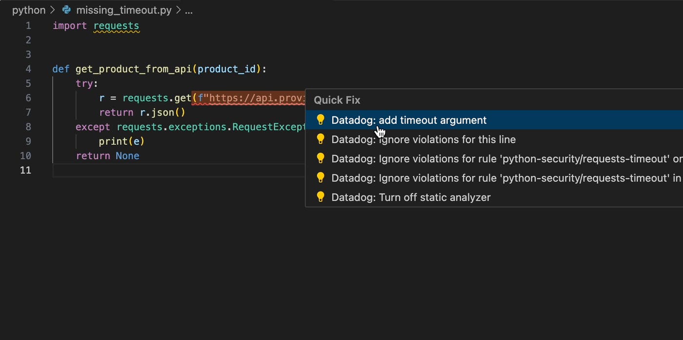 Datadog Code Security flags a SQL injection in JavaScript and suggests a fix directly in VS Code. Datadog Code Security flags a SQL injection in JavaScript and suggests a fix directly in VS Code.