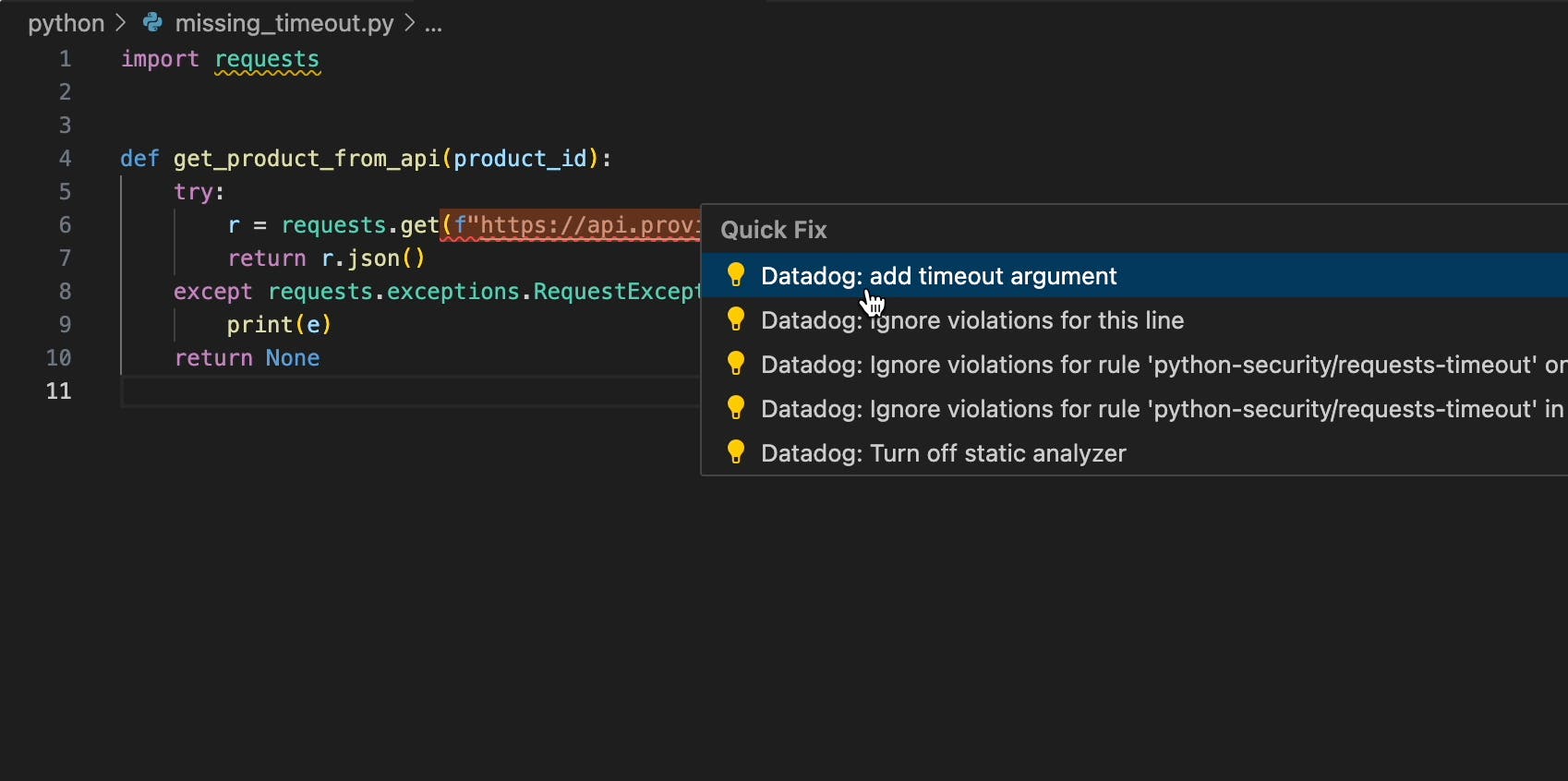 Datadog Code Security flags a SQL injection in JavaScript and suggests a fix directly in VS Code. Datadog Code Security flags a SQL injection in JavaScript and suggests a fix directly in VS Code.