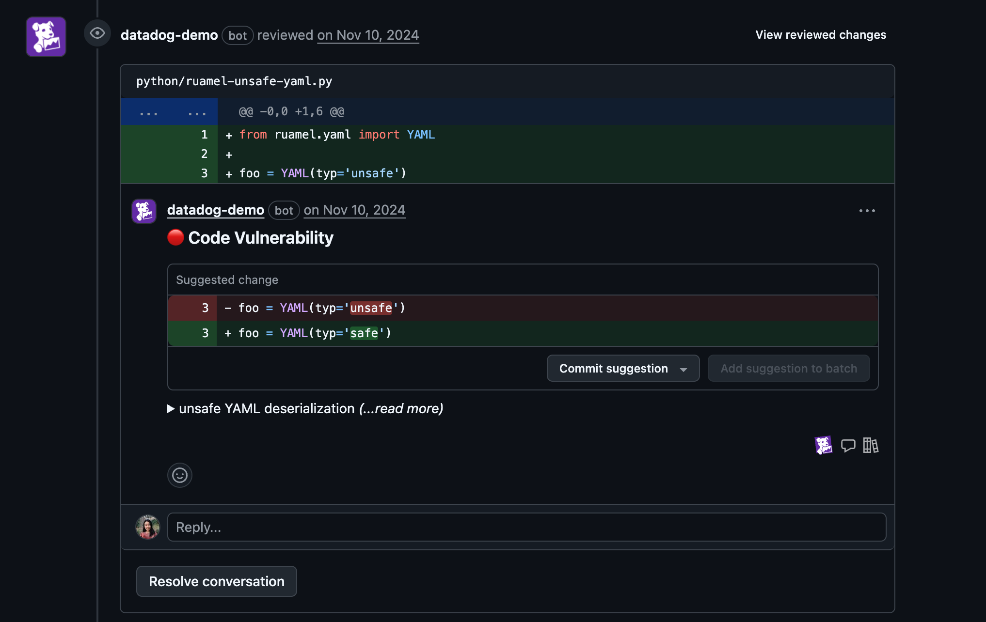 Datadog Code Security generates an inline comment on a PR.