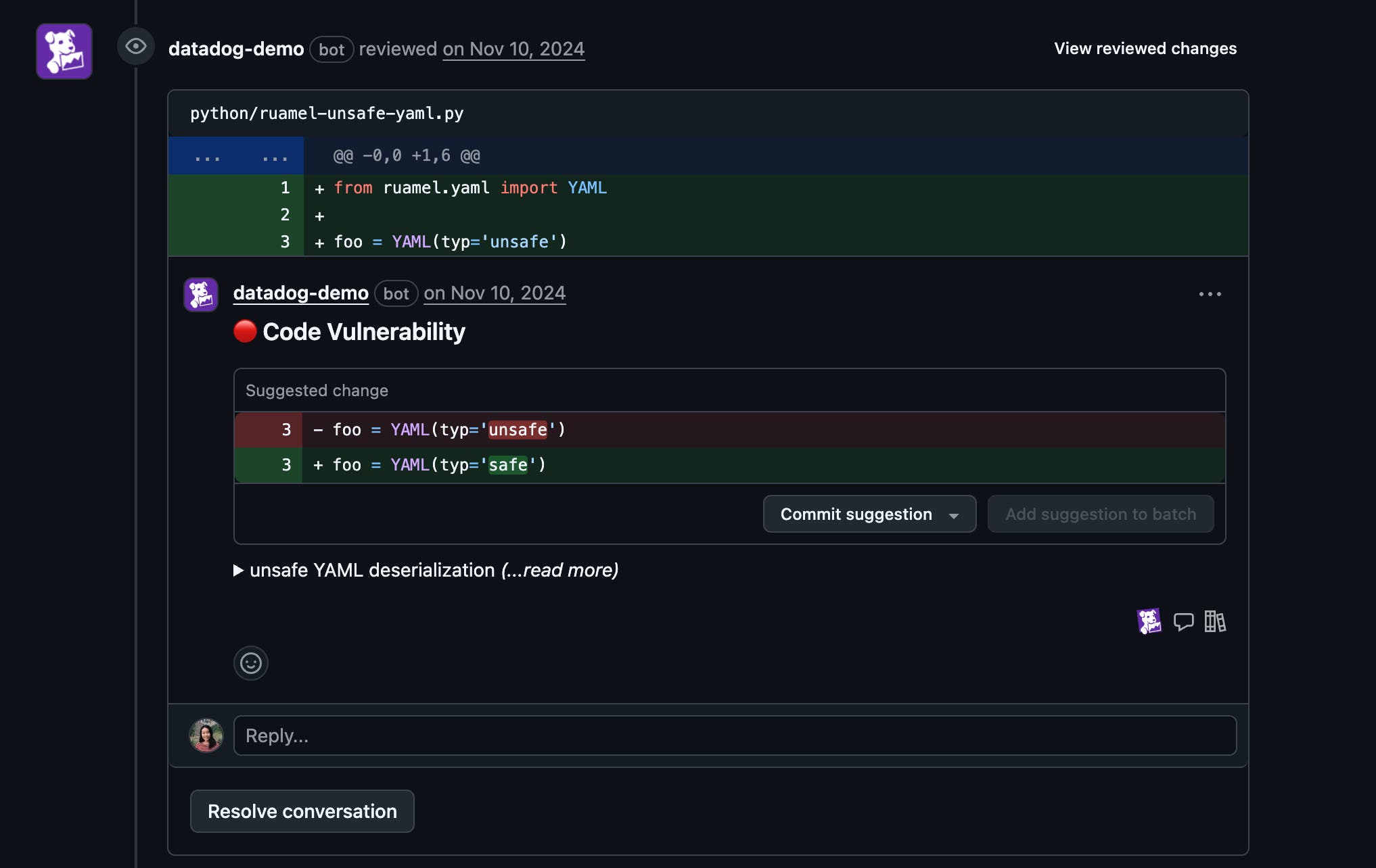 Datadog Code Security generates an inline comment on a PR. Datadog Code Security generates an inline comment on a PR.