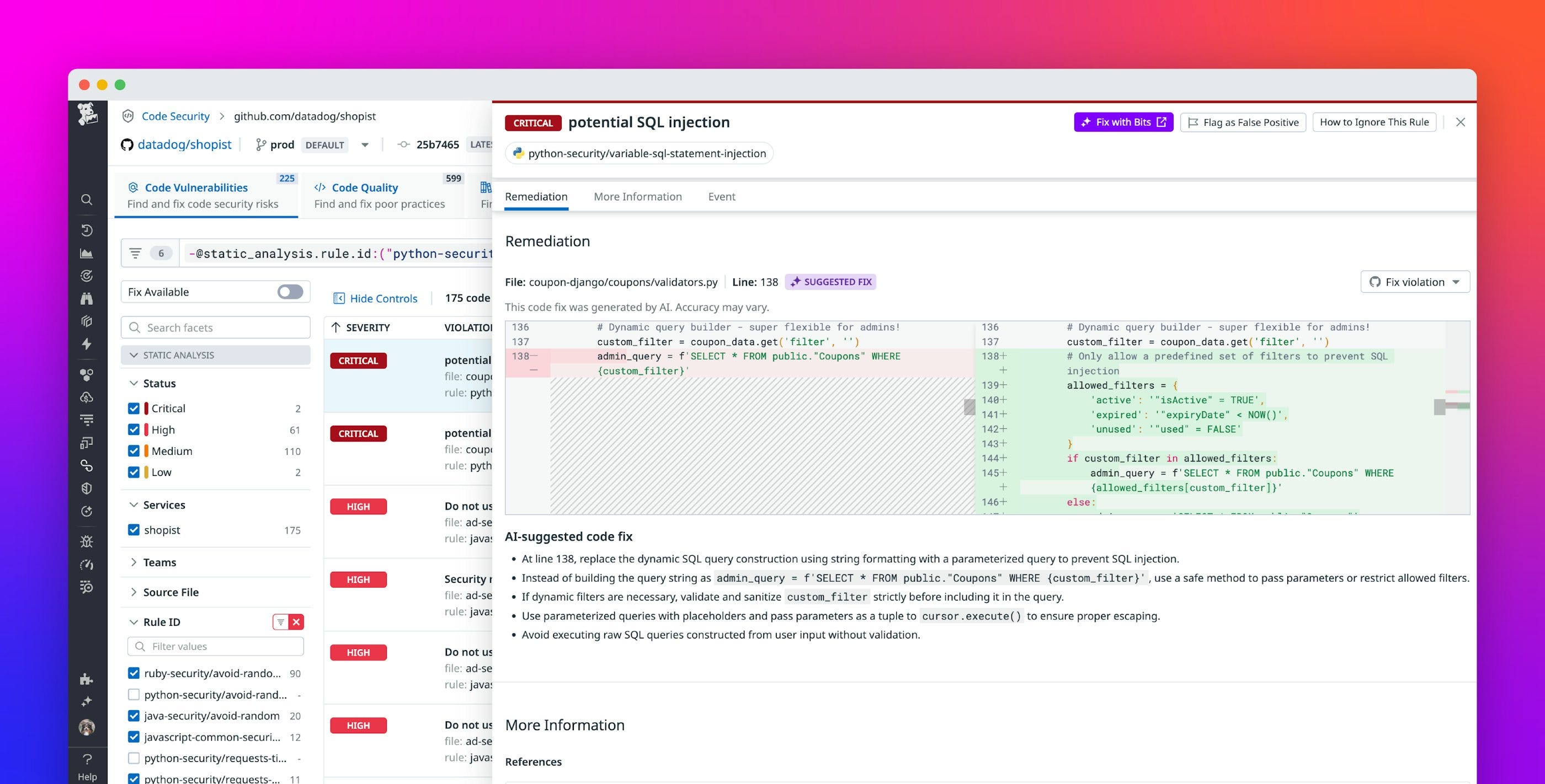 Protect the life cycle of your application code and libraries with Datadog Code Security