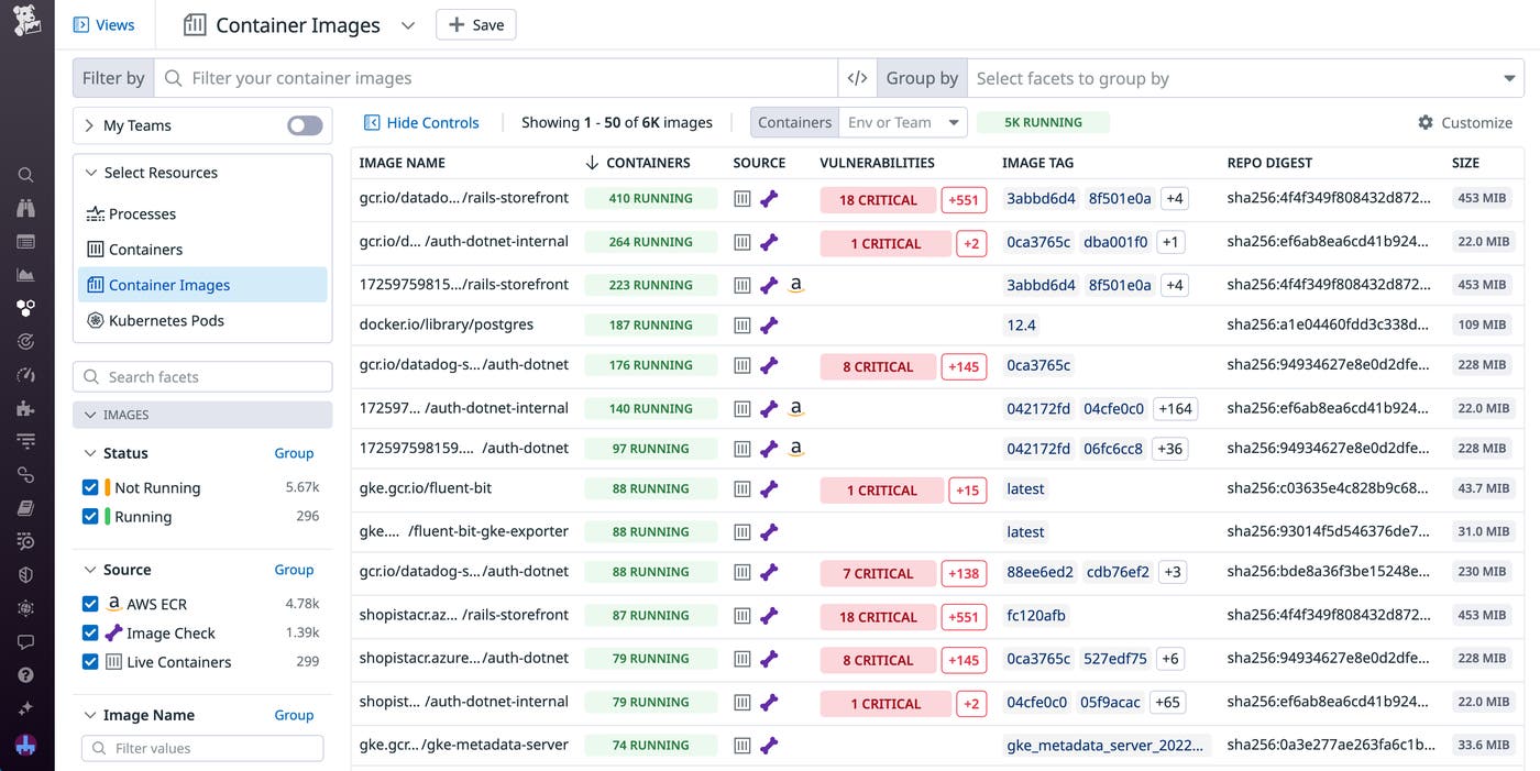 The Container Images view, showing a filterable list of all your images alongside details about their source, vulnerability, and running containers. The Container Images view, showing a filterable list of all your images alongside details about their source, vulnerability, and running containers.