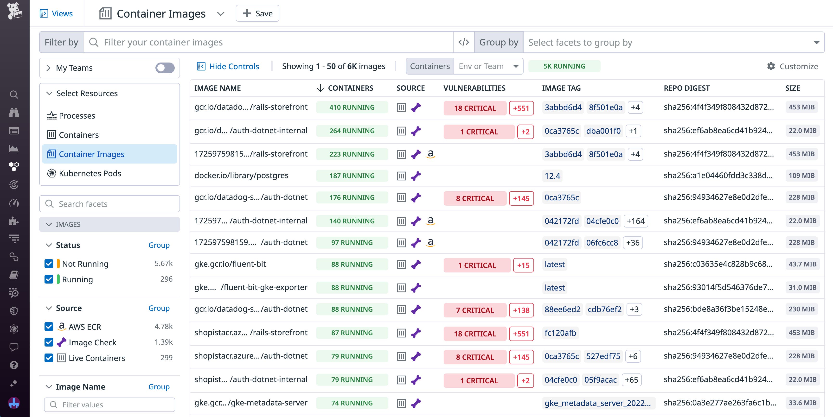The Container Images view, showing a filterable list of all your images alongside details about their source, vulnerability, and running containers. The Container Images view, showing a filterable list of all your images alongside details about their source, vulnerability, and running containers.