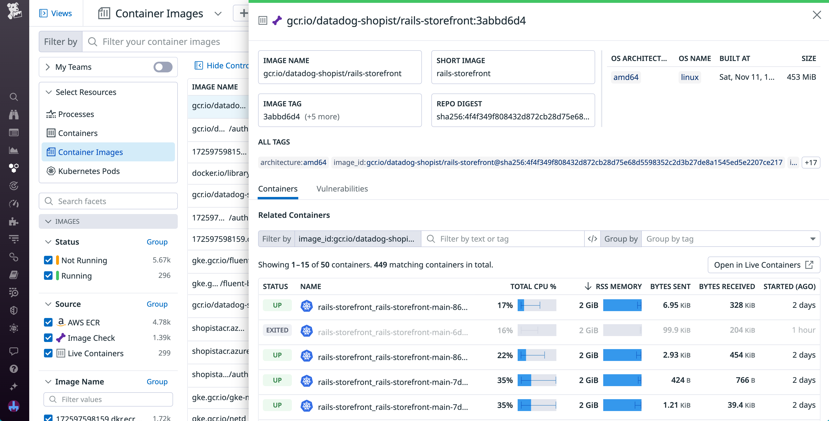 The side panel for a container image with a list of running containers displayed.