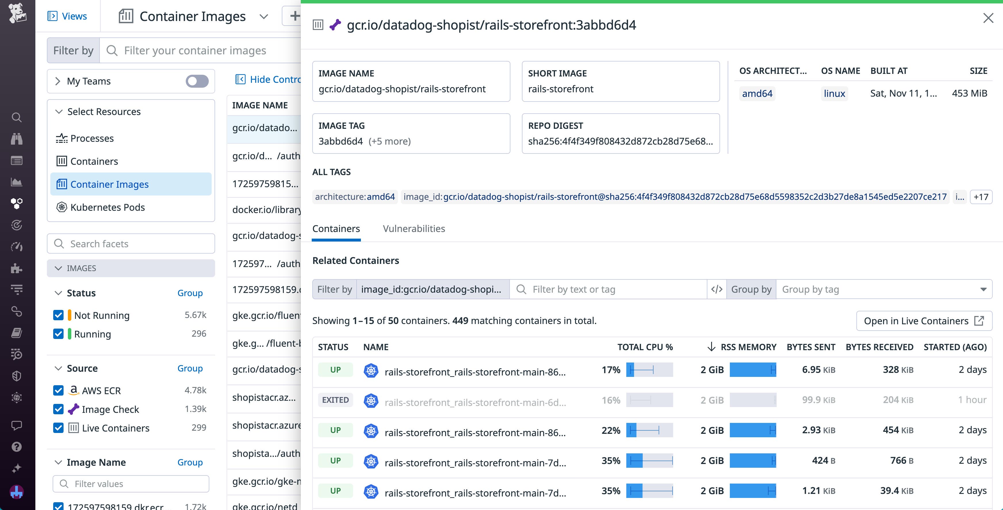 The side panel for a container image with a list of running containers displayed. The side panel for a container image with a list of running containers displayed.