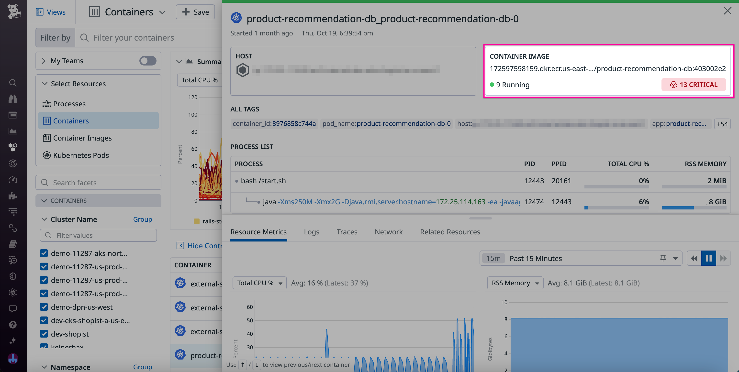 The side panel for a container, with the container image details highlighted.