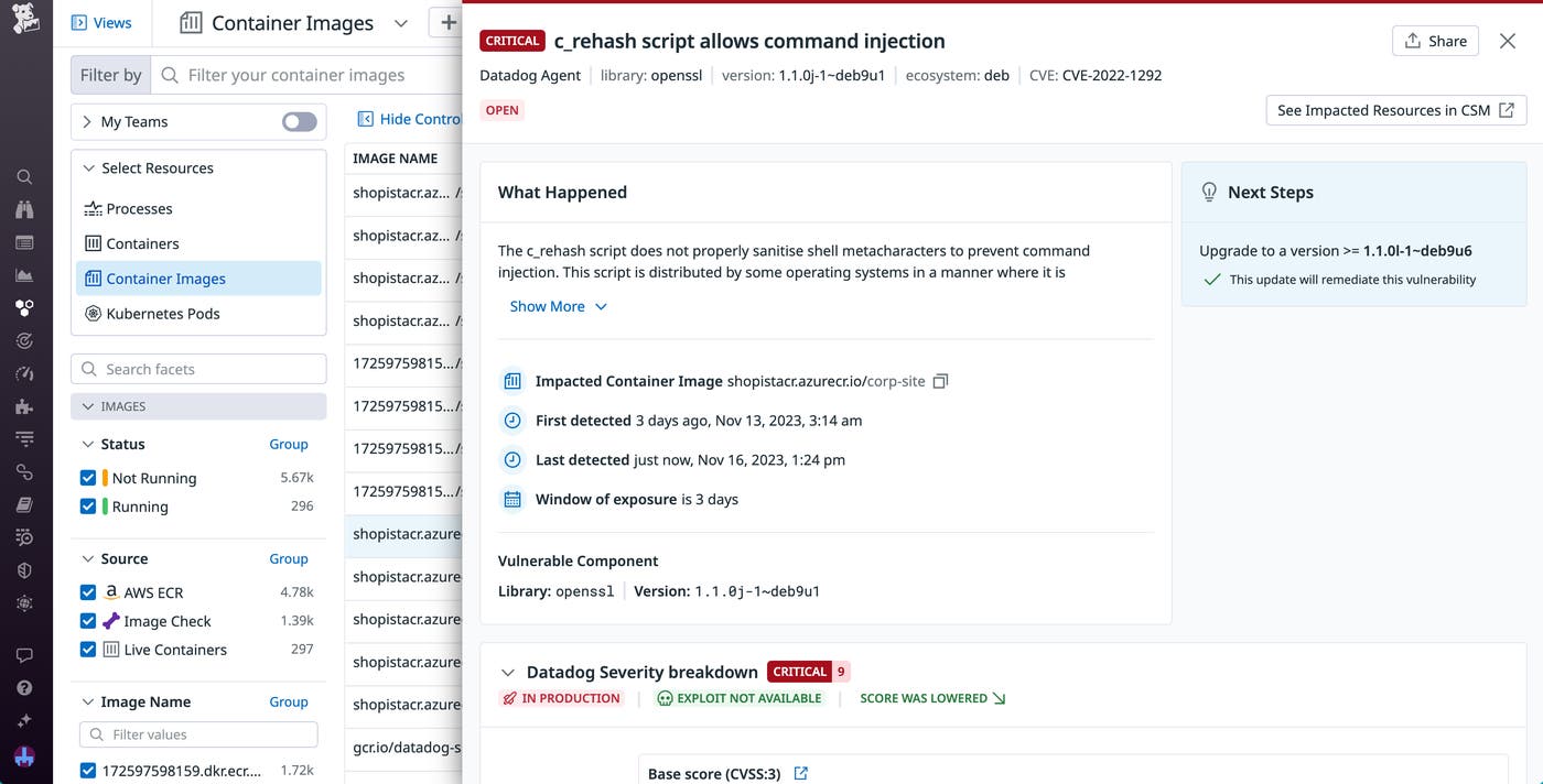 Details for a command injection vulnerability detected on a container image. Details for a command injection vulnerability detected on a container image.