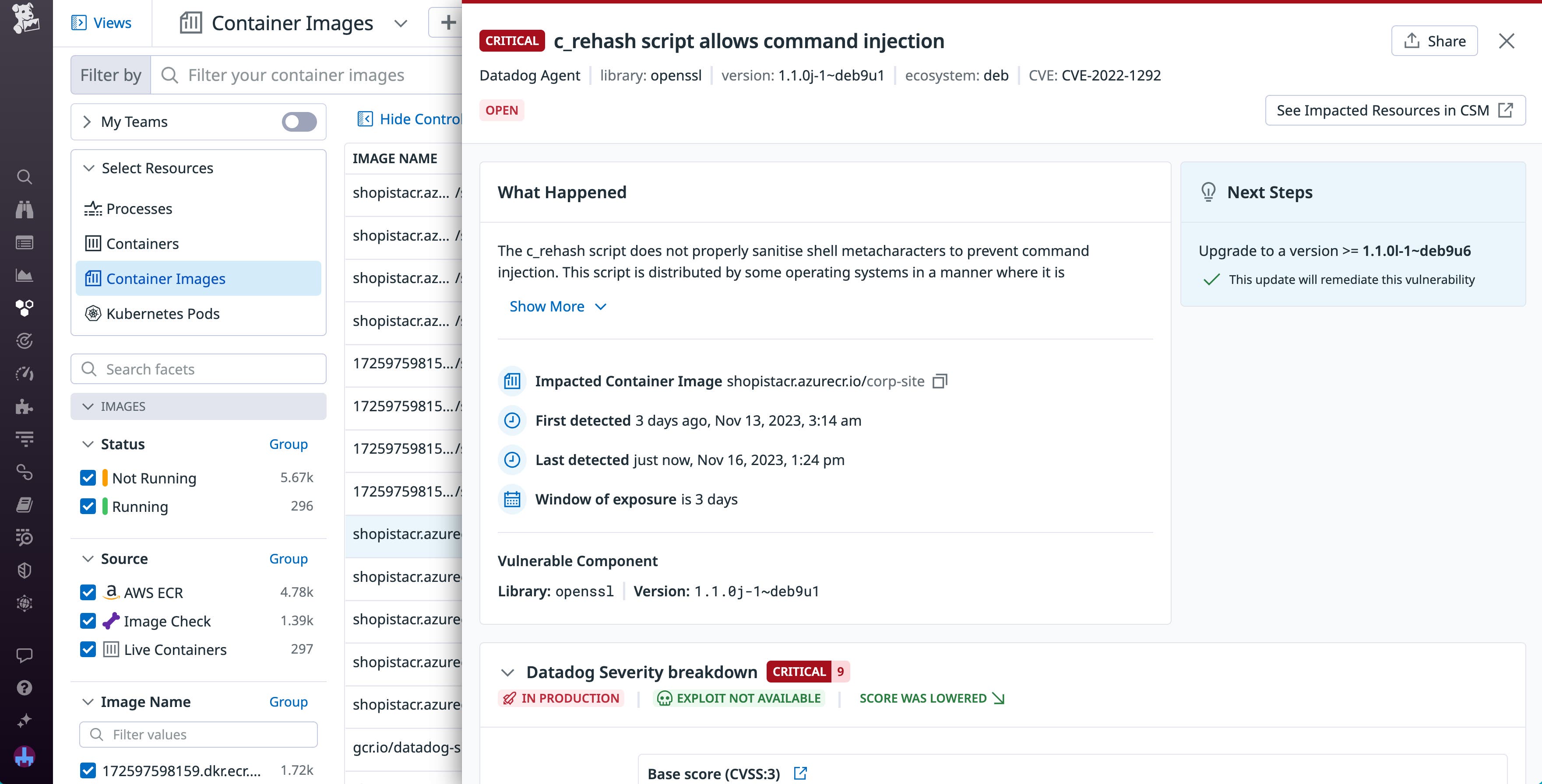 Details for a command injection vulnerability detected on a container image. Details for a command injection vulnerability detected on a container image.