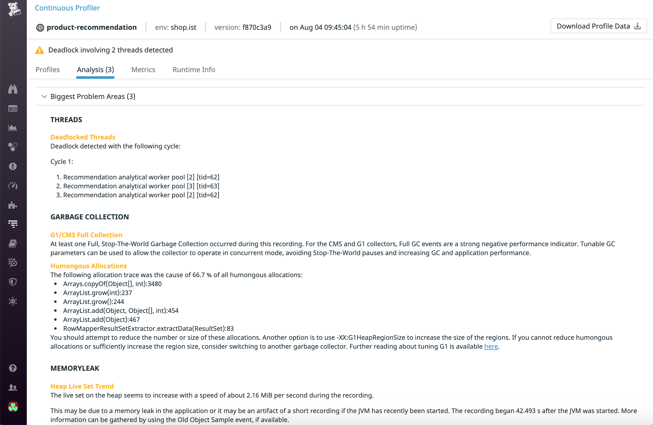 分析ビューでは、アプリケーションのパフォーマンス改善に集中して取り組む必要のある問題領域の一覧を確認できます。