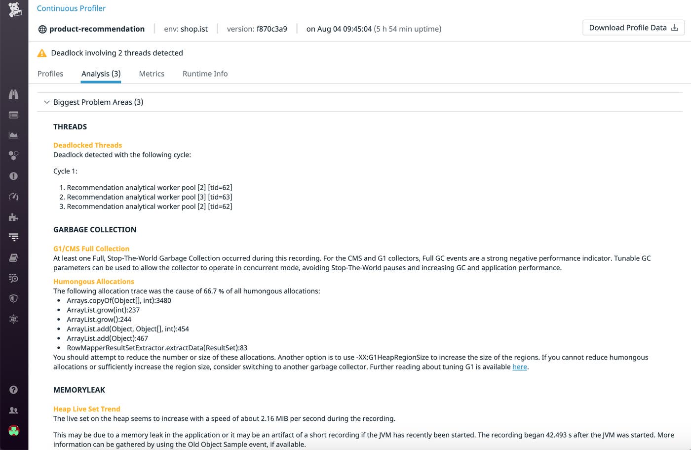 In the Analysis view, you can see a list of problem areas where you should focus your efforts on to improve application performance. In the Analysis view, you can see a list of problem areas where you should focus your efforts on to improve application performance.