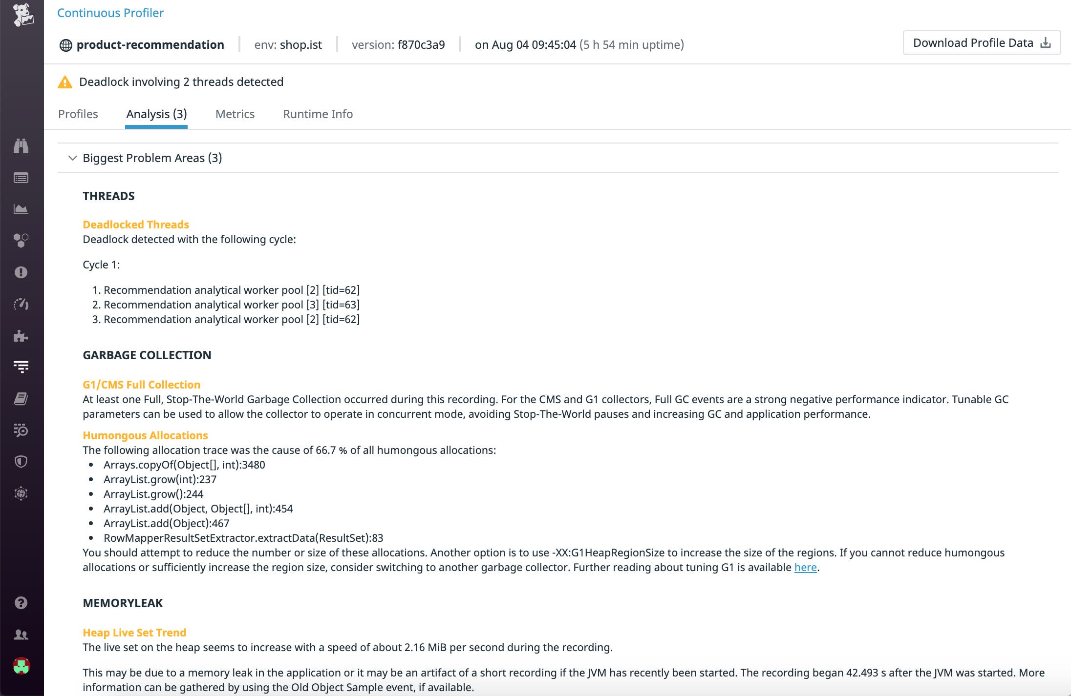分析ビューでは、アプリケーションのパフォーマンス改善に集中して取り組む必要のある問題領域の一覧を確認できます。 分析ビューでは、アプリケーションのパフォーマンス改善に集中して取り組む必要のある問題領域の一覧を確認できます。